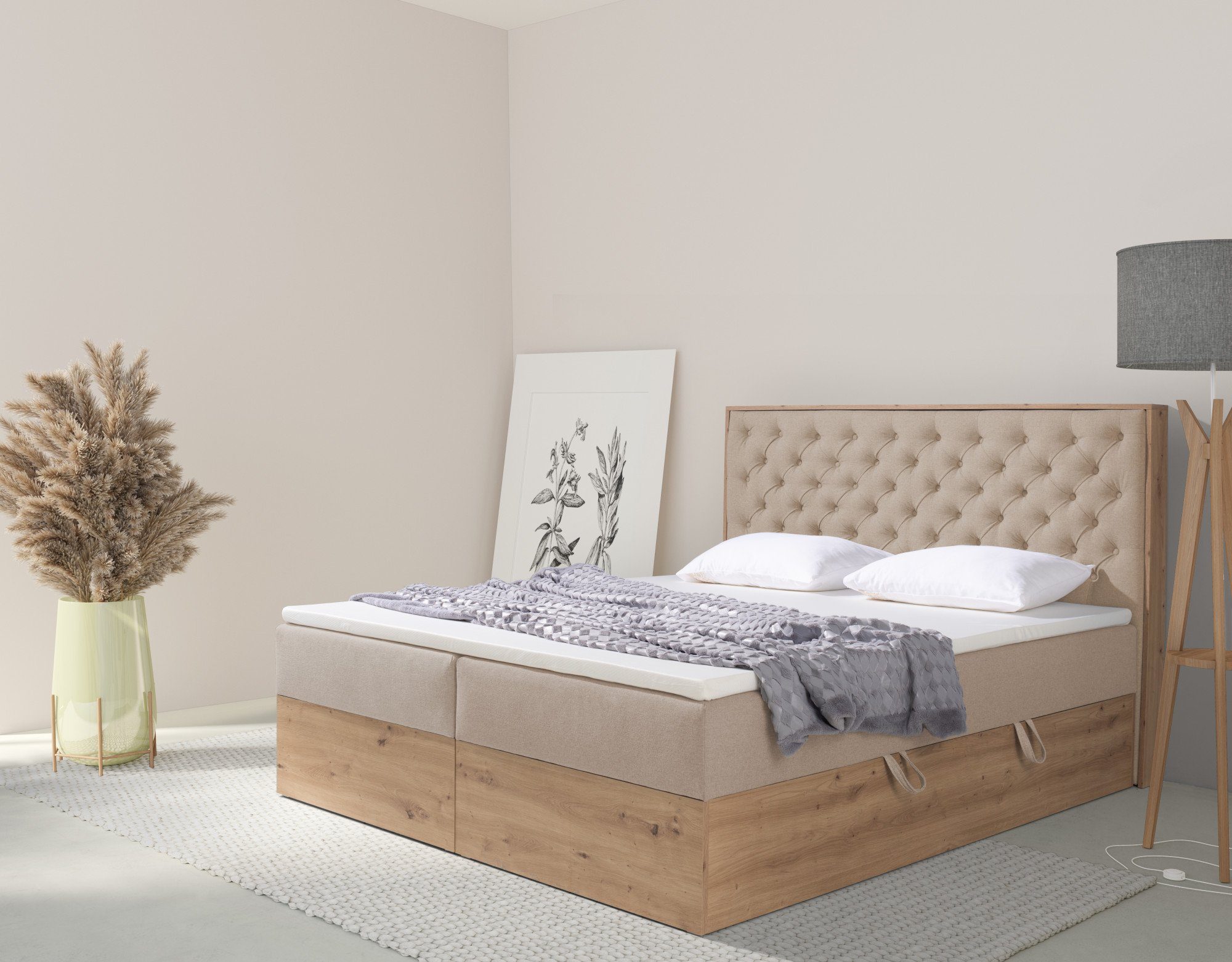 Knopfheftung schöner und Kopfteil affaire (4-tlg), mit Flero Home beige Polsterbett Holzdekor im