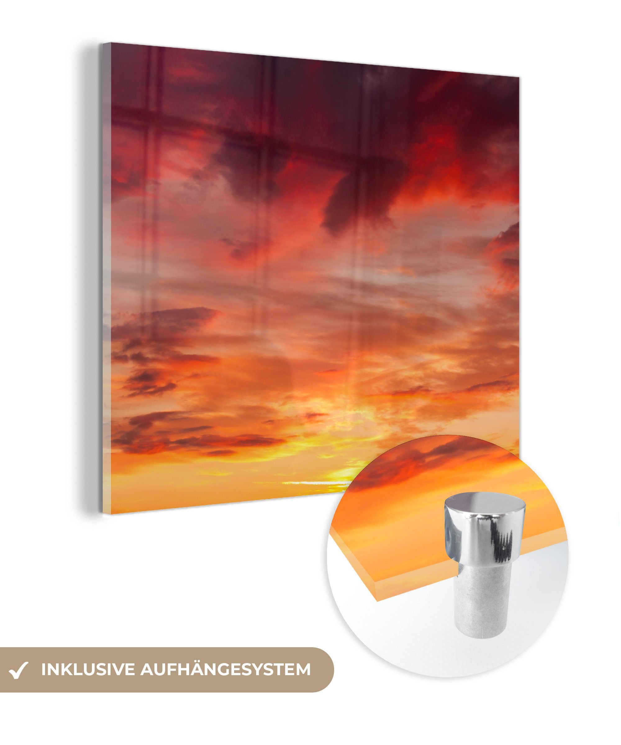 MuchoWow Acrylglasbild Wolken - Sonne - St), - auf Glas Wanddekoration Foto - Rot, Glas - Glasbilder Wandbild auf (1 Bilder