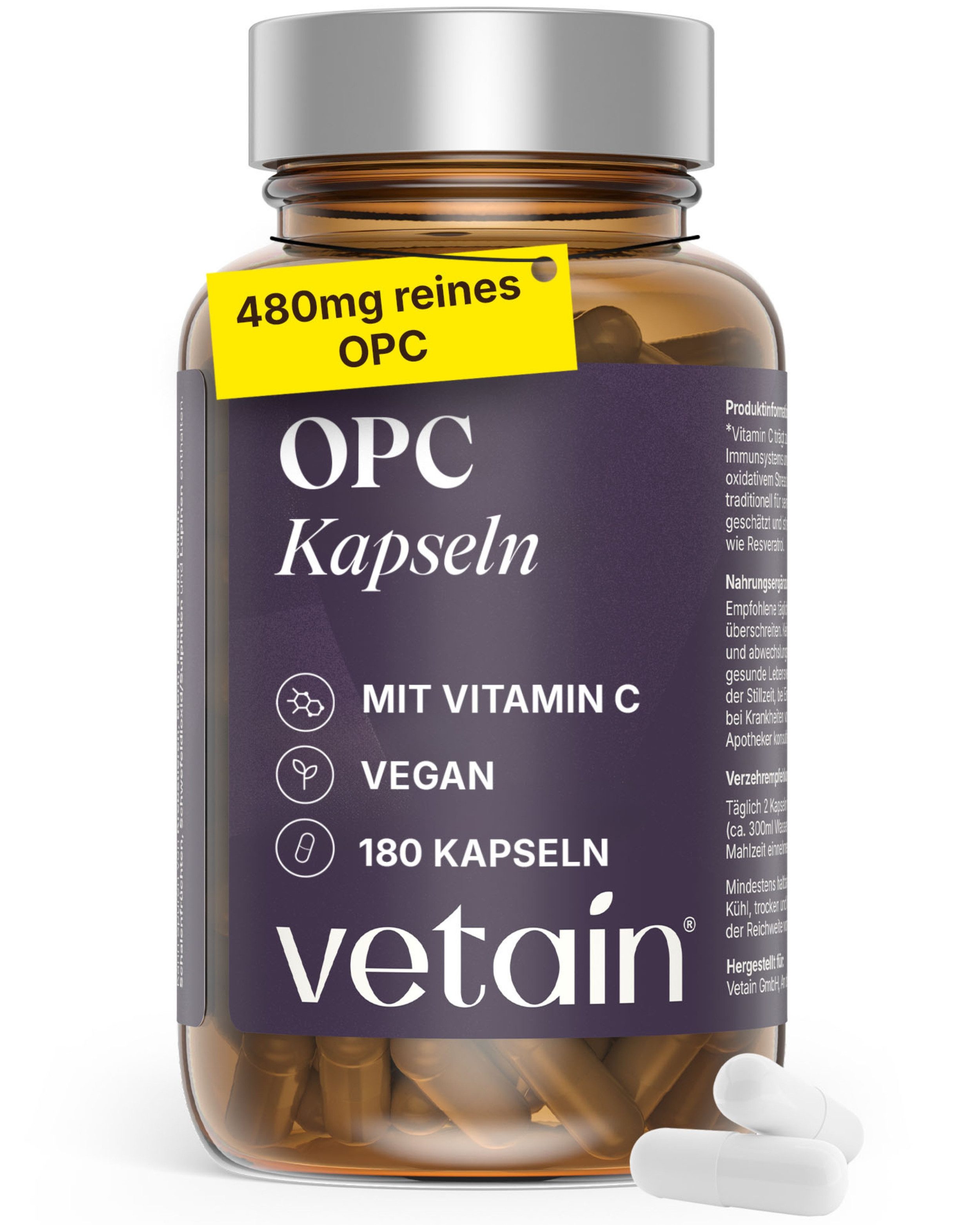 VETAIN OPC Traubenkernextrakt - 180 Kapseln - Mit Vitamin C & Resveratrol Kapseln, 180 St., Mit 3,9mg Resveratrol und 12mg Vitamin C für synergetische Wirkung.
