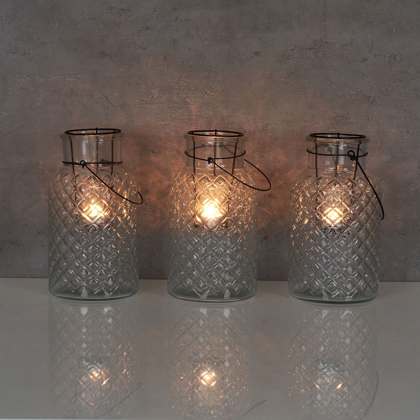 Glas Levandeo® Windlicht Set Weiß 3er Gartenleuchte H26cm Kerzenlaterne, Kerzenhalter Laterne