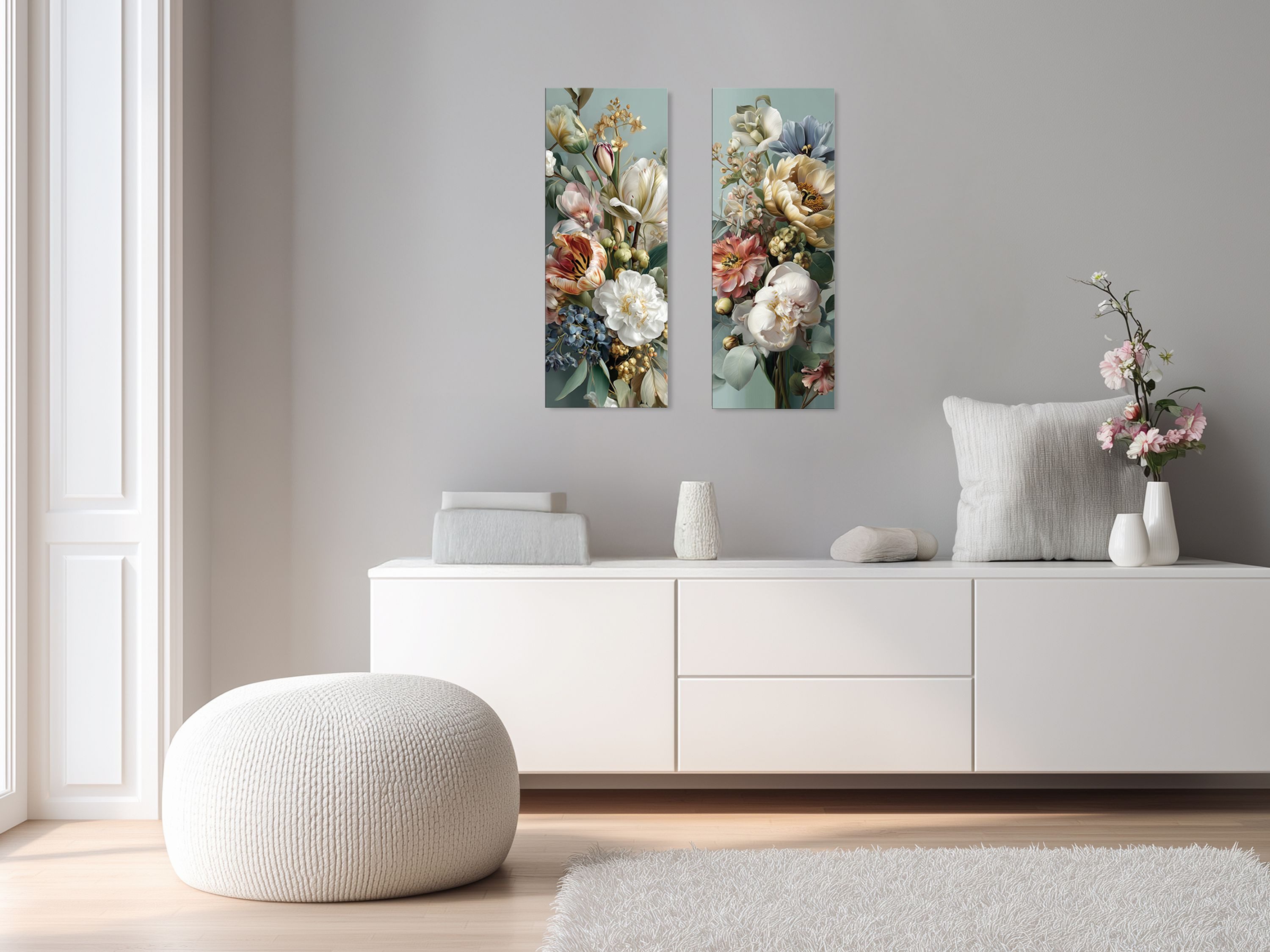 artissimo Glasbild Bild aus Glas 30x80 cm / Wandbild Hochformat / Wanddeko modern, Blumen und Blüten: Vintage Blumenstrauß in salbei-grün – Bild 4 von 5