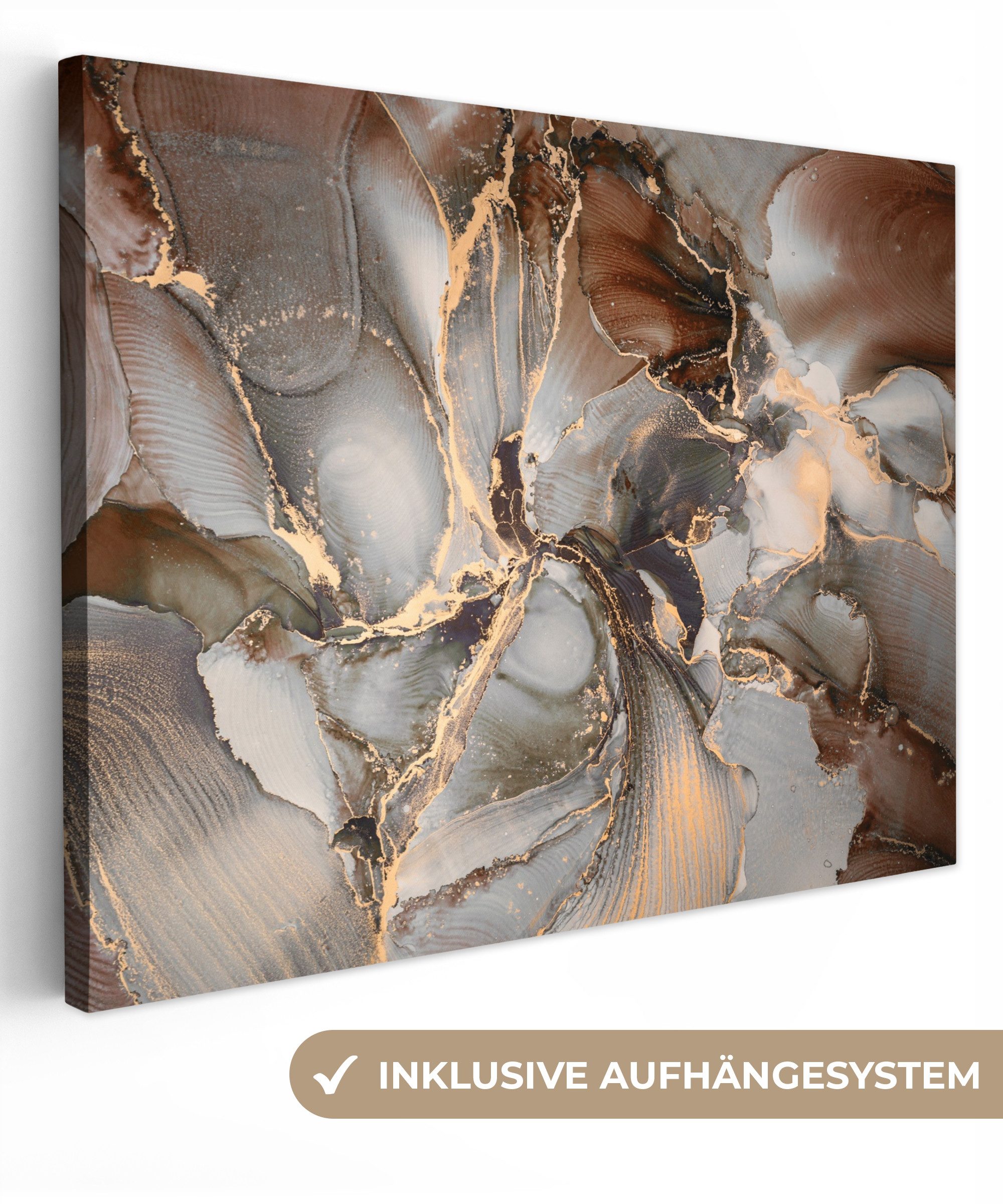 OneMillionCanvasses® Leinwandbild Grau - Gold - Marmor - Marmoroptik, Fotodruck (1 St), Leinwand Bilder für Wohnzimmer Schlafzimmer 80x60 cm