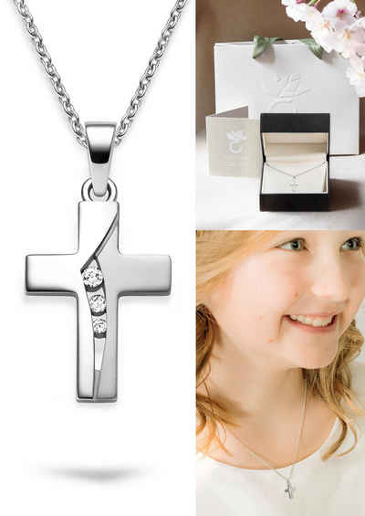 Amoonic Kreuzkette Halskette Mädchen Silber 925 mit Kreuzanhänger Kommunion Taufkette (individuell anpassbare Halskettenlänge)