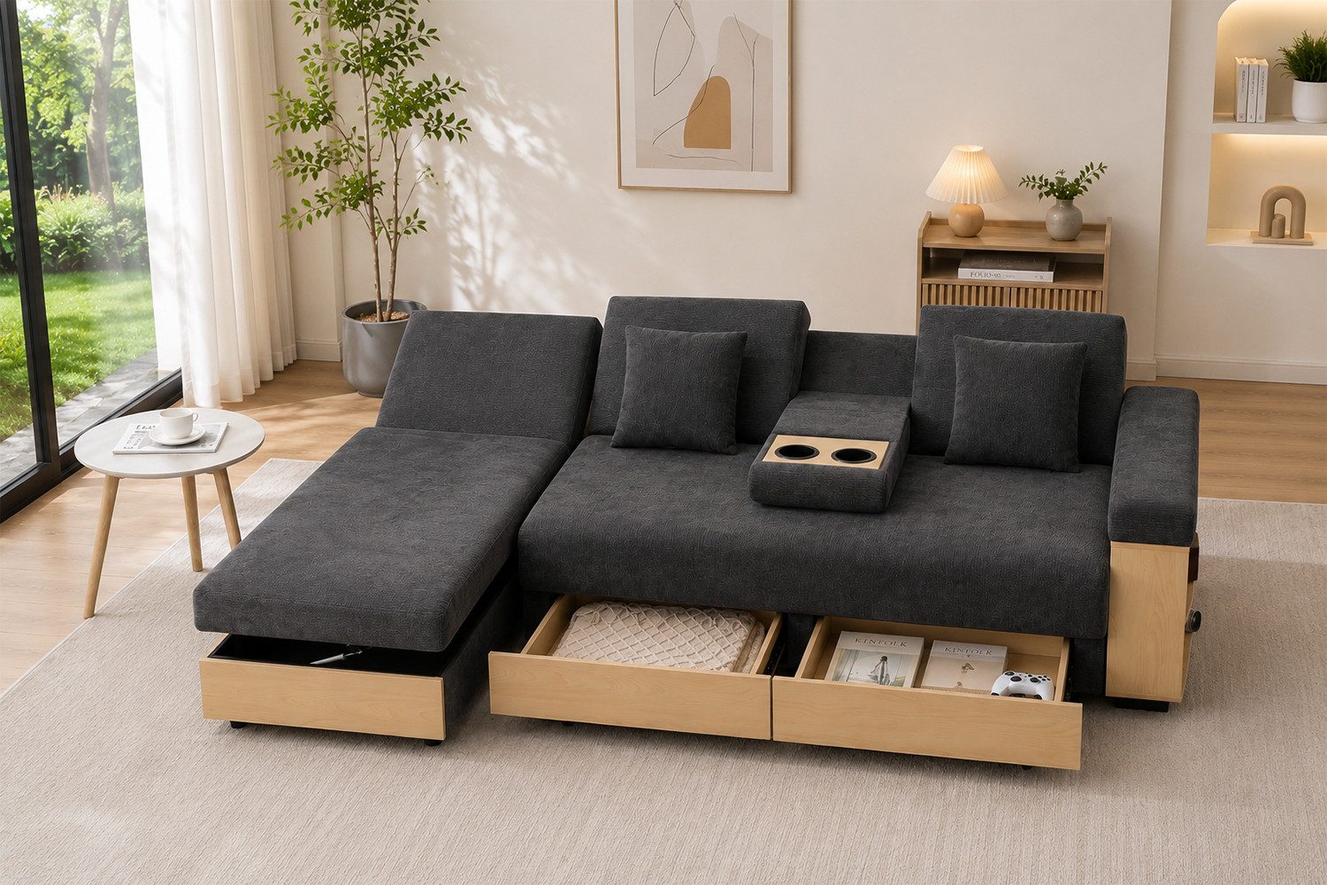 KLAM HOME Schlafsofa Beiges Chenille Schlafsofa mit Stauraum und Getränkehalter, 3-Sitzer Sofa mit 3-fach verstellbarer Rückenlehne & Schubladen, Komfort Wohnlandschaft mit MDF-Rahmen und Stauraumhocker