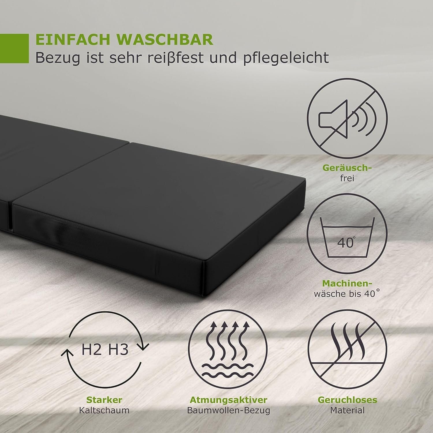 Klappmatratze Luxus Gästematratze 130 cm Breit, shogazi ®, 12 cm hoch, 3-teilige mit abnehmbarem Bezug - MADE IN GERMANY