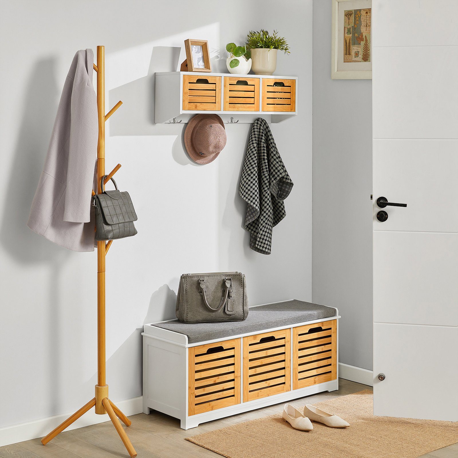 SoBuy Wandgarderobe FHK19, Flurgarderobe Kleiderhaken mit 3 Körben und 4 Haken
