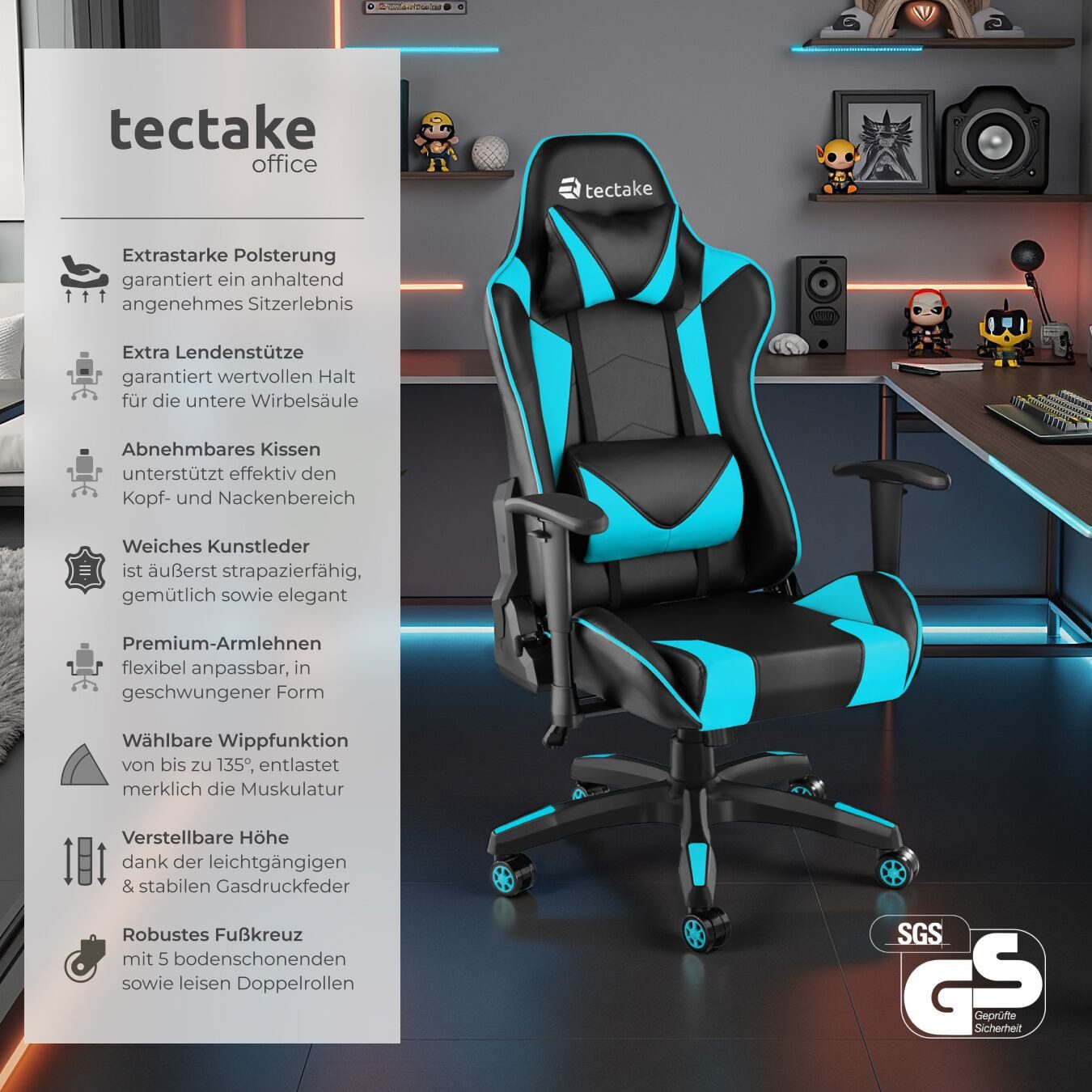 tectake Gaming-Stuhl Racing Gaming Stuhl (Set, 1 St), Dicke Polsterung für komfortables Sitzen