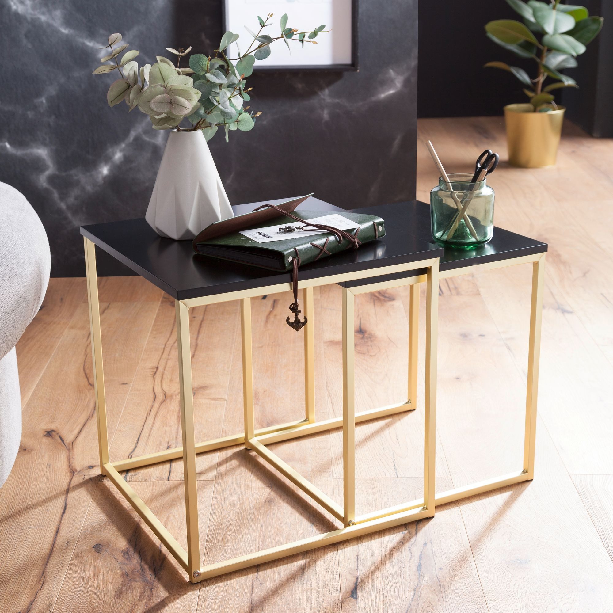 Wohnling Satztisch WL5.787 Beistelltisch Couchtisch Set Metalltisch Ablagetisch modern (Schwarz / Gold, Beistelltisch MDF / Metall), Couchtisch Set aus zwei Tischen, Wohnzimmertisch