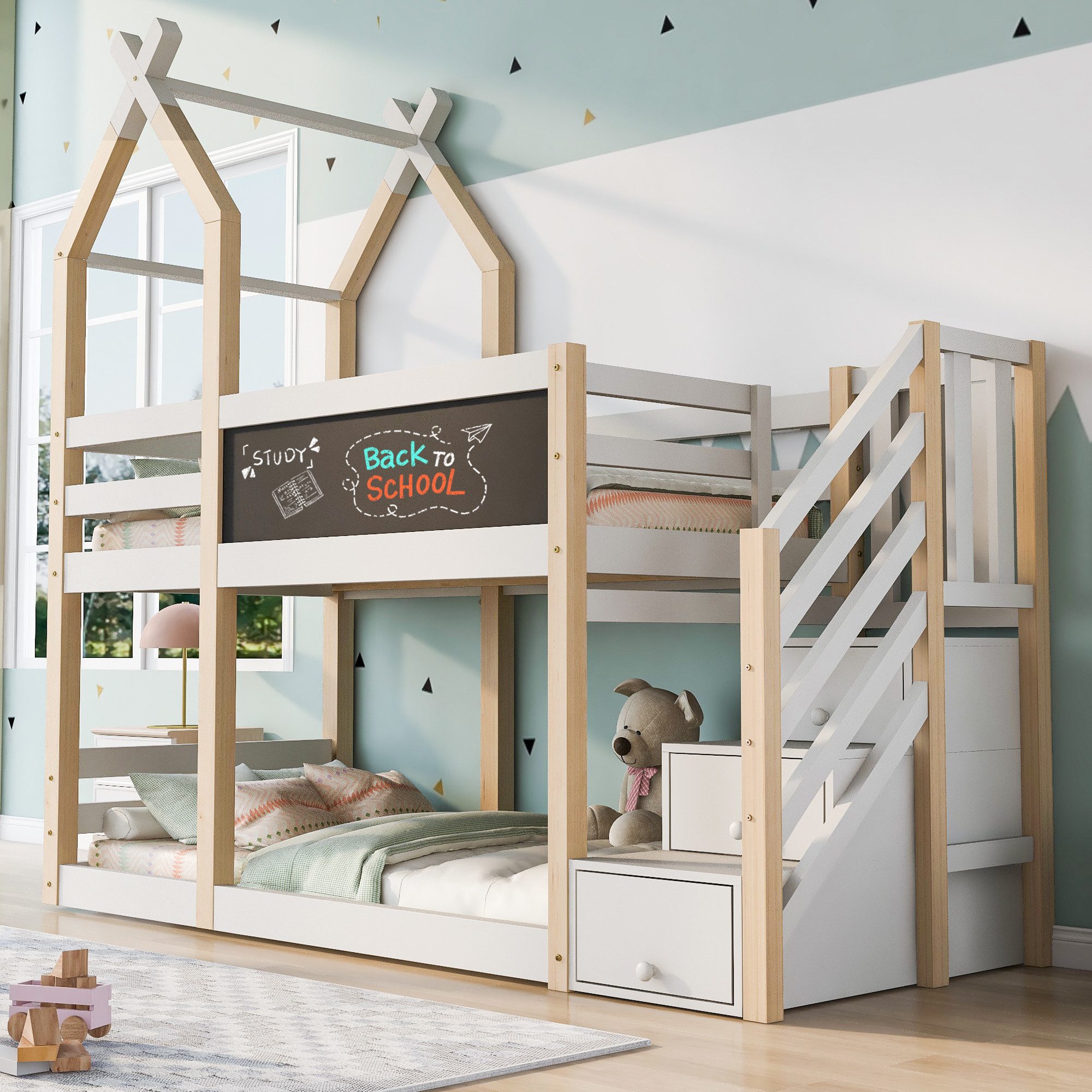 Flieks Etagenbett, Hochbett Hausbett Treppe mit 3 Schubladen Kiefer 90x200c günstig online kaufen