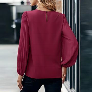 Opspring Langarmbluse Damen Bluse Chiffon Plissee Laternenärmel Langarm Elegant Tunika Tops