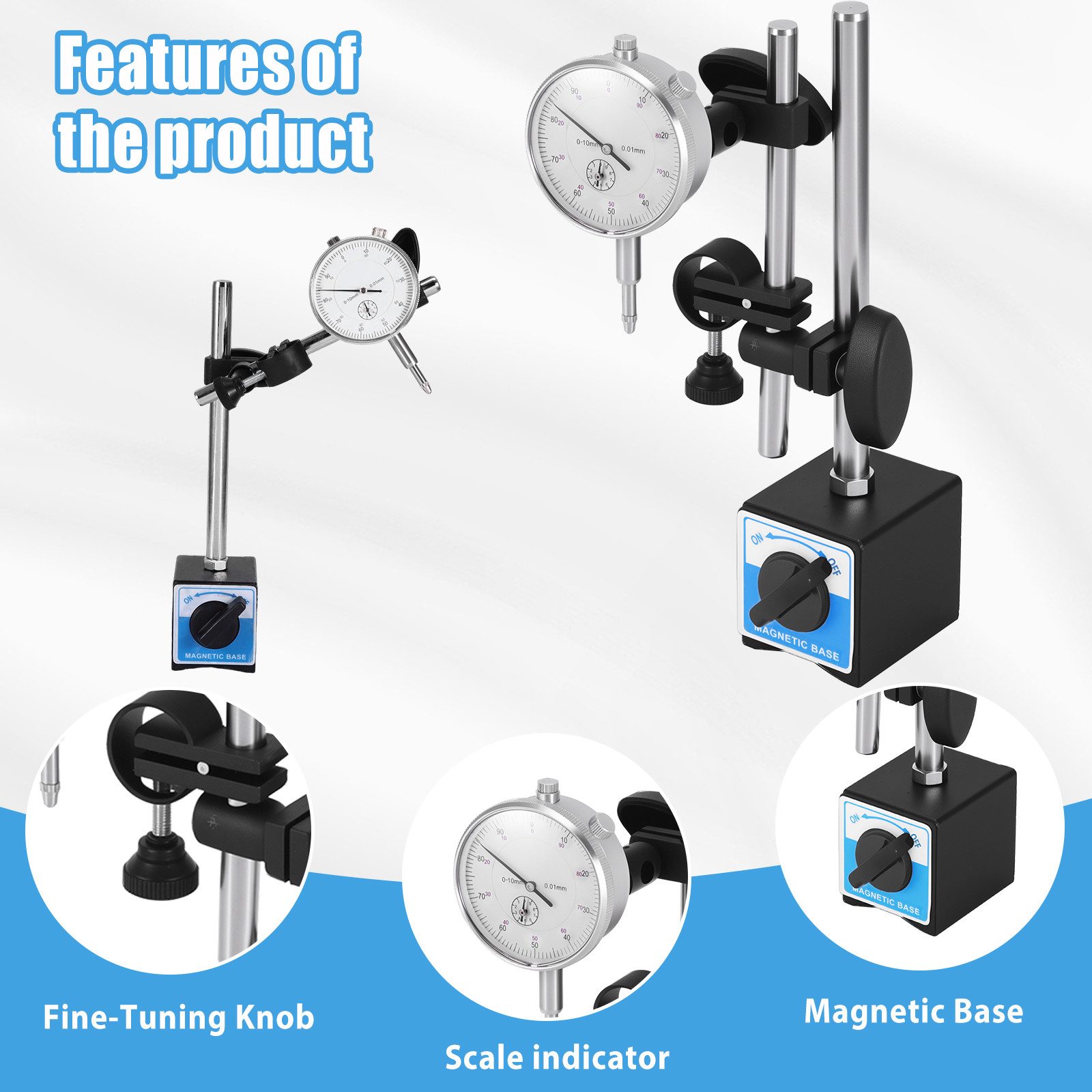 BlingBin Bremsscheiben-Richtwerkzeug Magnet-Messstativ mit Messuhr Basis Halter Flexibler Magnetfußhalter, Feinmessuhr 0,01 mm nach DIN 878, Magnetfuß 80 kg Haftkraft