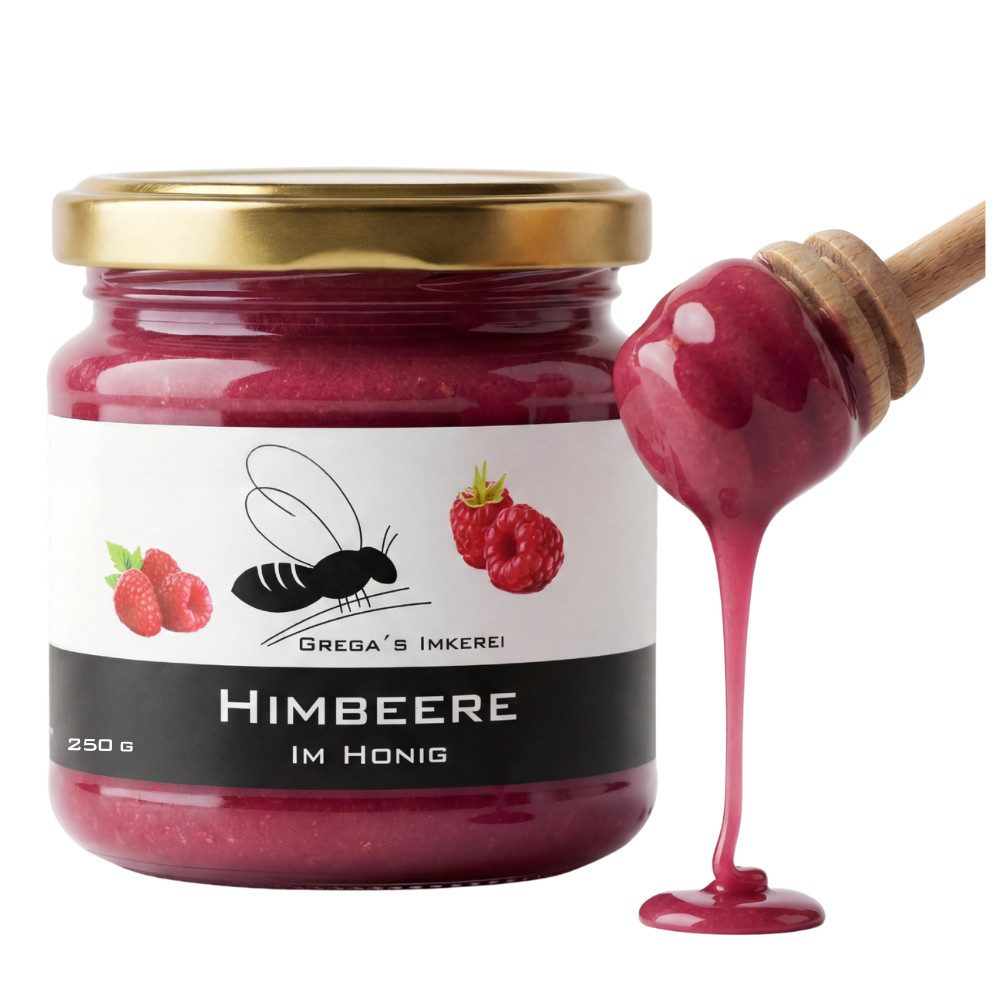 Grega´s Imkerei Honig Himbeere im Honig 250g, 1 x (Honig & mehr direkt vom Imker), Cremige Frucht Honig-Spezialität mit nur zwei natürlichen Zutaten
