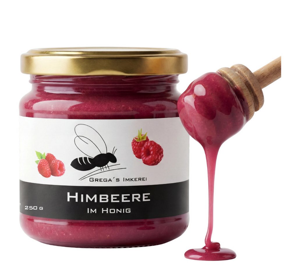 Grega´s Imkerei Honig Himbeere im Honig 250g, 1 x (Honig & mehr direkt vom Imker), Cremige Frucht Honig-Spezialität mit nur zwei natürlichen Zutaten