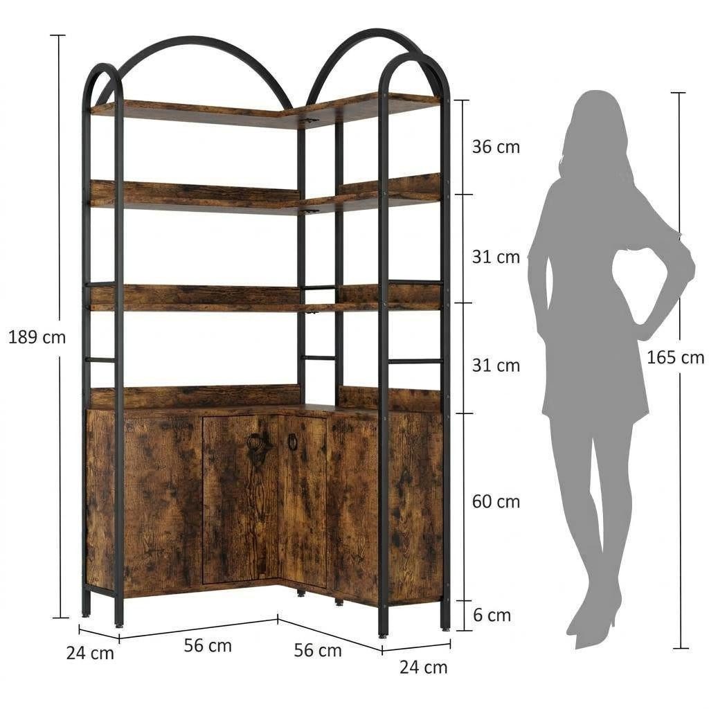 GarveeMore Bücherregal 6 Ebenen L-förmiges Eckregal Ablageregal Stauraumregal Mehrzweckregal, 189 cm Bogen Eckbücherregal Aktenregal Regal Standregal, Metallrahmen