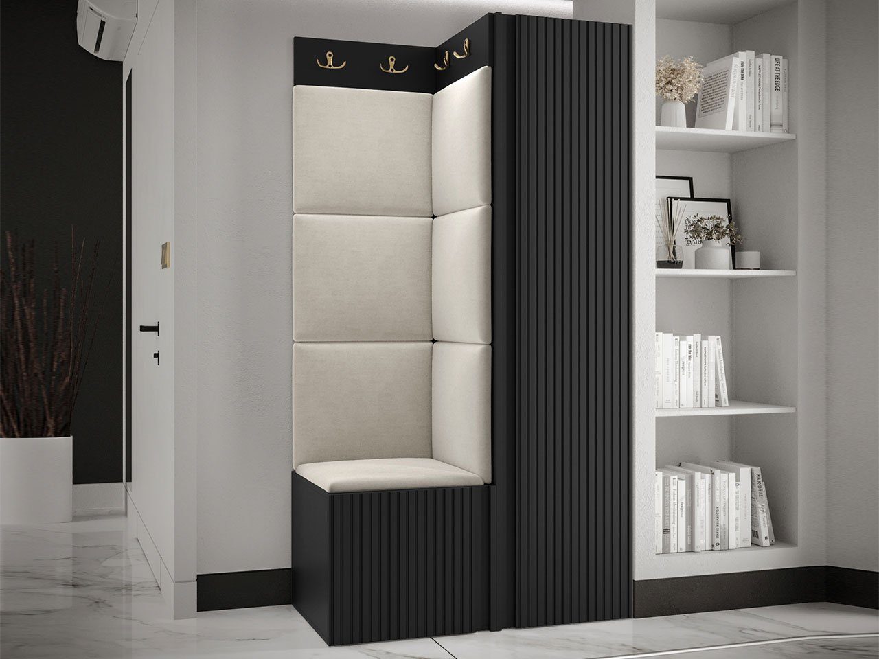 MIRJAN24 Garderoben-Set Orion Ryfel Slim XXV, (Kleiderschrank, Schuhschrank, Kleiderhakenbrett, 7x Paneel 42x42), 6 Kleiderhaken für Kleidung, Metallgriffe