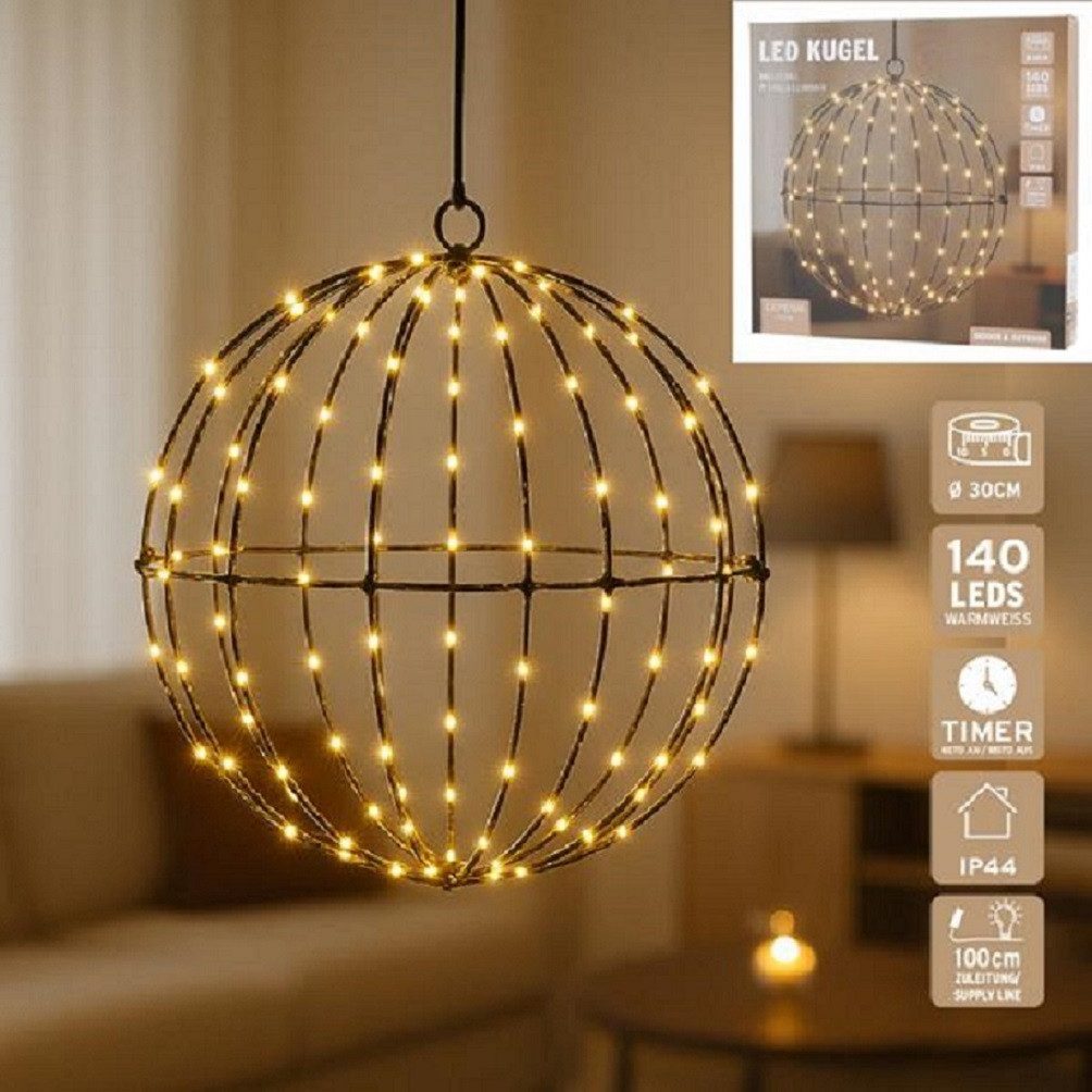 mucHome LED Kugelleuchte LED Metall Lichterkugel Ø20 cm, 100 warmweiße LEDs mit Timer, Batterie