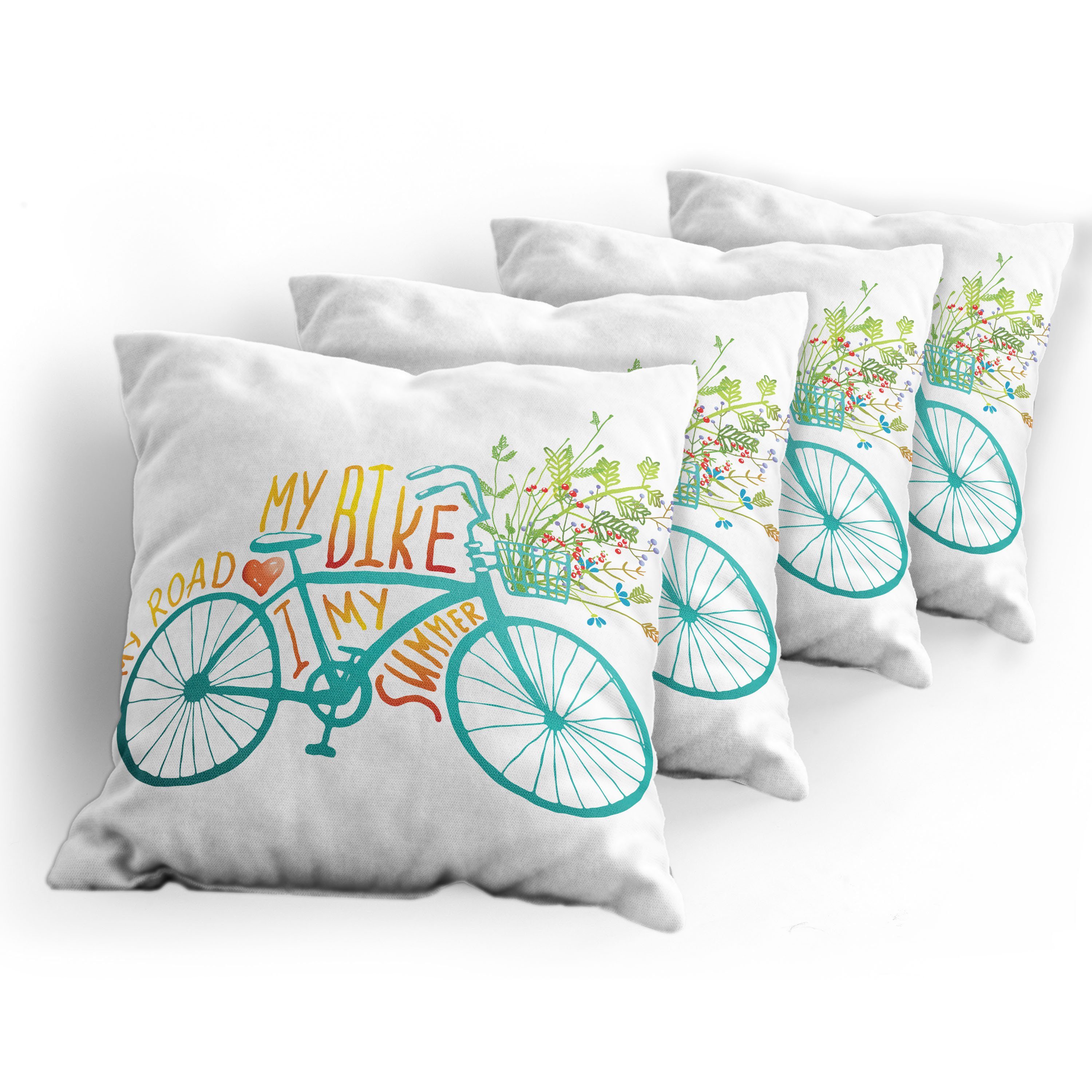 mit Fahrrad Blumen Blaues Accent (4 Digitaldruck, Stück), Abakuhaus Doppelseitiger Sommer Modern Kissenbezüge