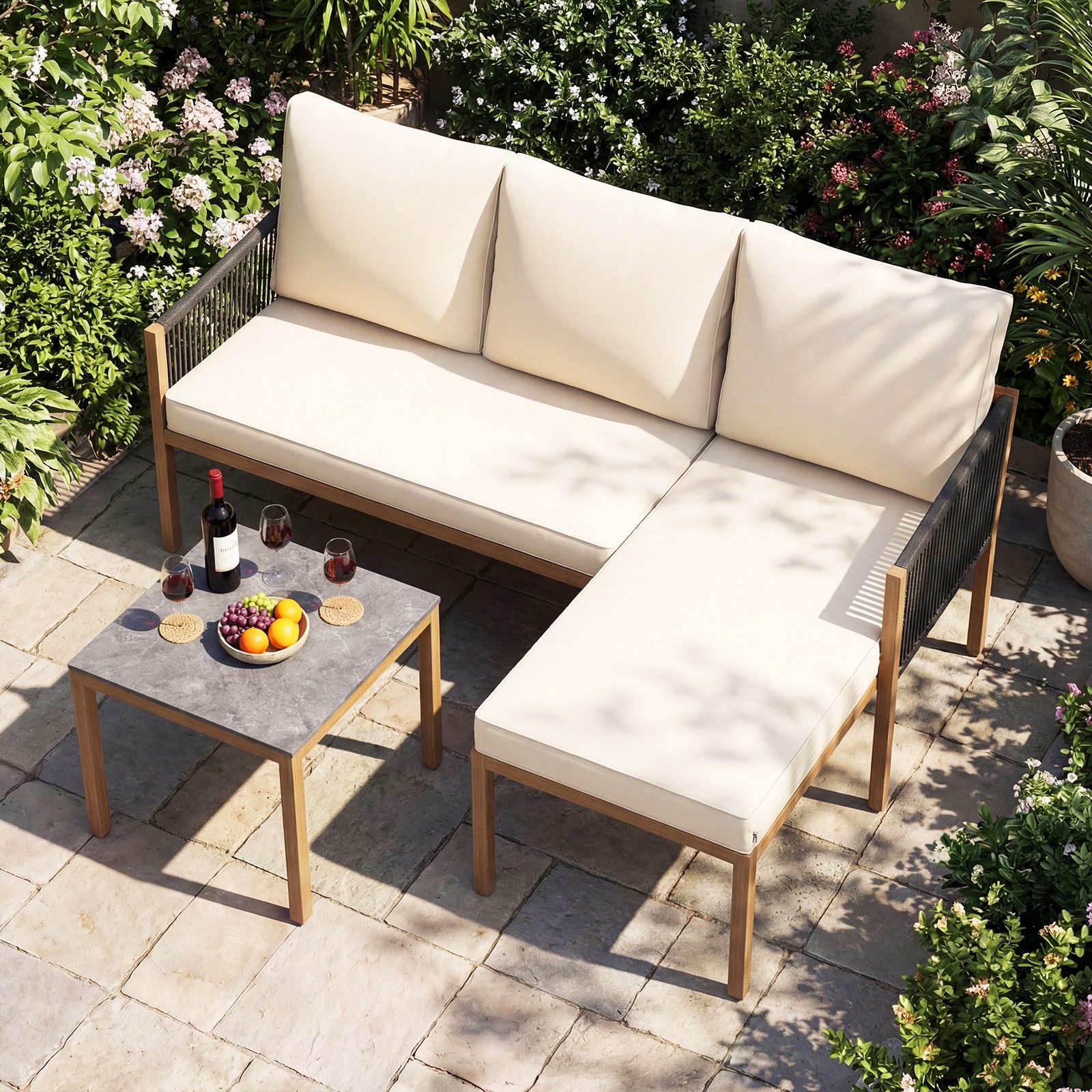 COSTWAY Gartenlounge-Set, (3-tlg), Balkonmöbel Set Rattan mit Esstisch