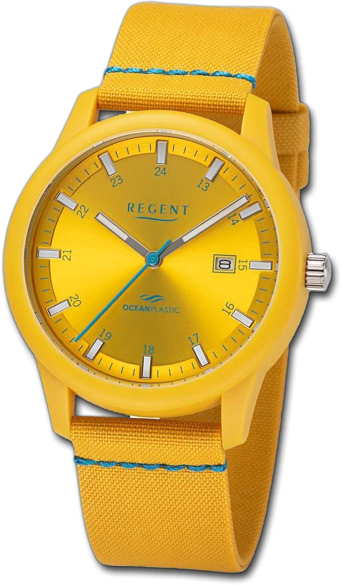 Armbanduhr groß Gehäuse, Nylonarmband Quarzuhr Herren rundes hellblau, Analog, (ca. gelb, Regent Herrenuhr 40mm) Regent