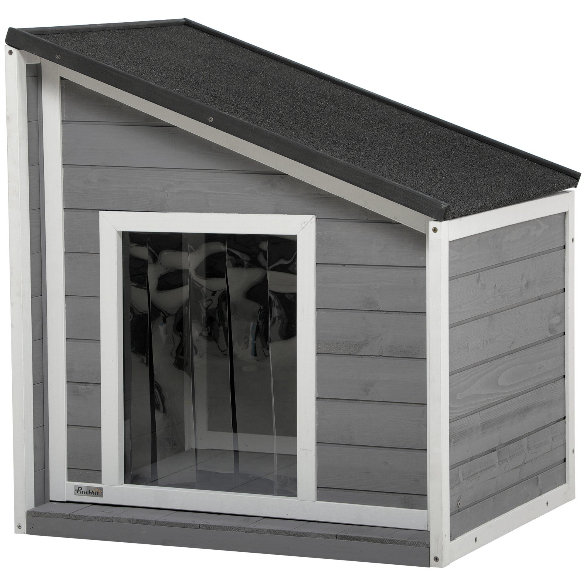 PawHut Hundehütte wetterbeständig, Asphaltdach, Schwarz+Grau+Weiß 71 x 58 x 53-77 cm