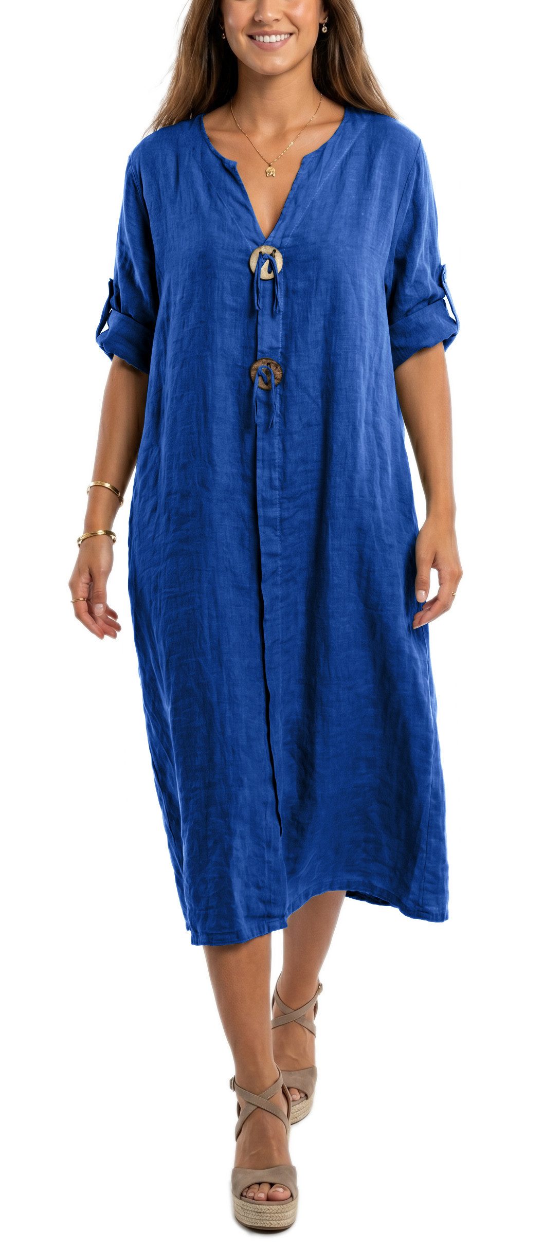 dy_mode Hemdblusenkleid Damen Leinenkleid Midi Hemdblusenkleid mit V-Ausschnitt Freizeitkleid in Unifarbe, V-Ausschnitt, mit seitlichen Eingriffstaschen