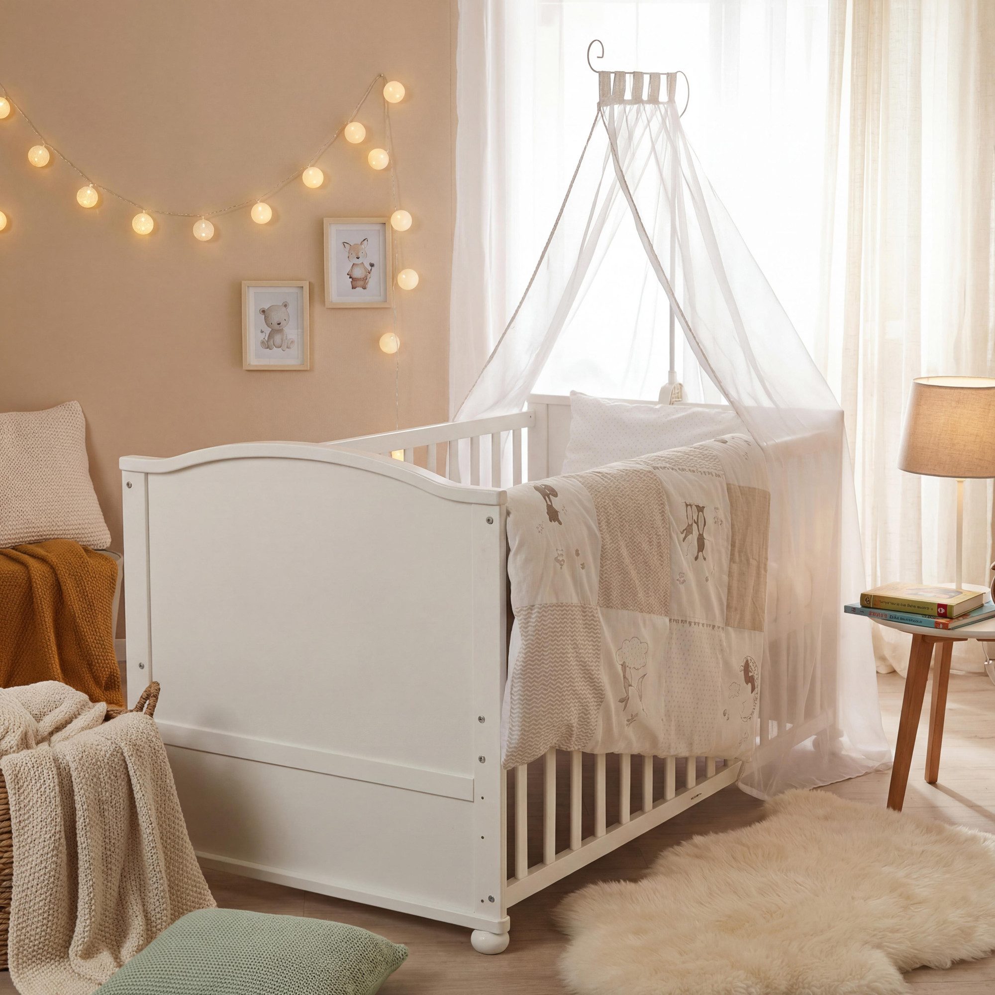 roba® Babybett Fox & Bunny 70 x 140 cm - Komplett Set Gitterbett Holz Weiß, mit Bettwäsche, Himmel, Nest, Matratze - Umbaubar Juniorbett