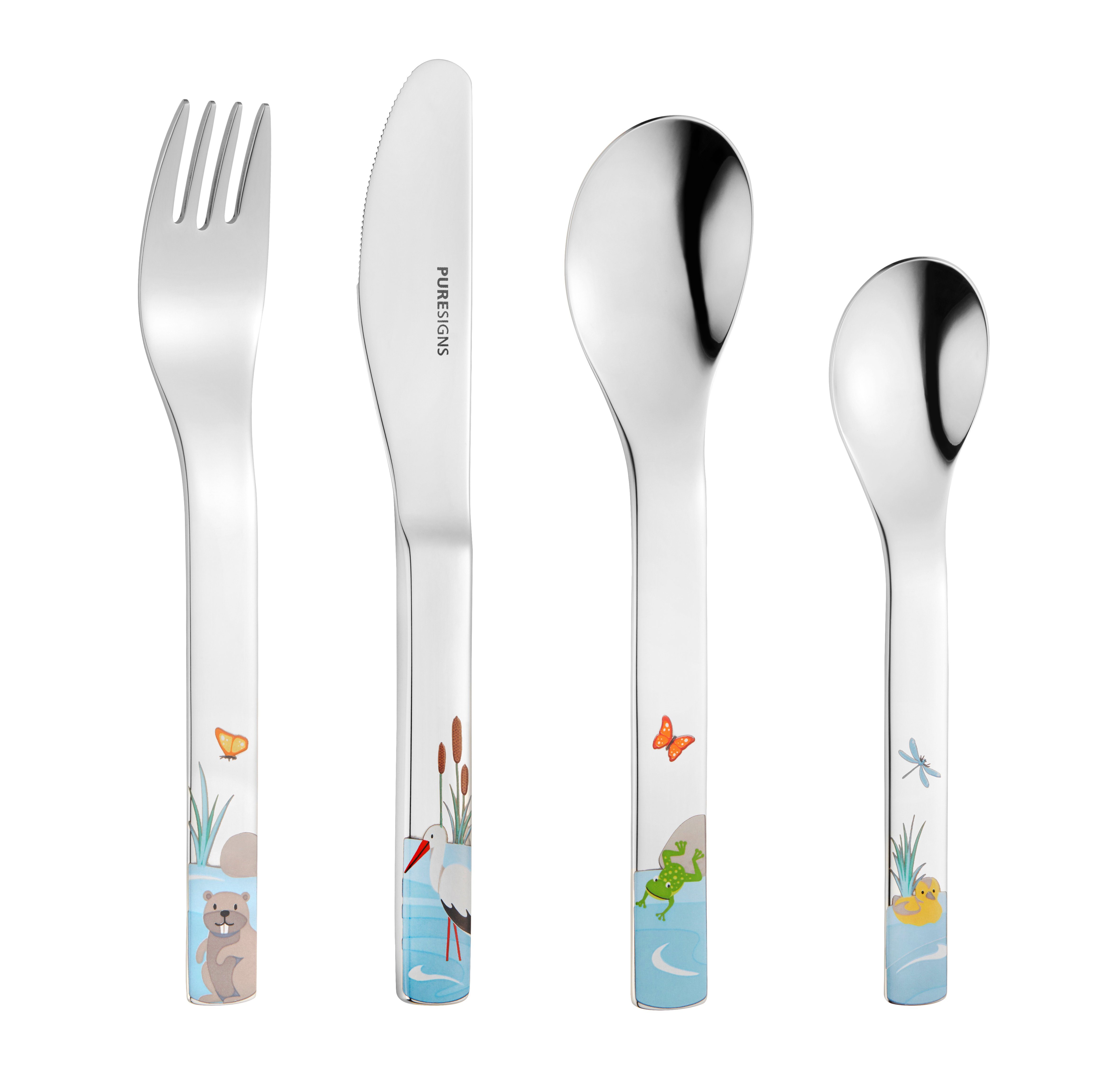 PURESIGNS Kinderbesteck MANAO (4-tlg), 1 Personen, Edelstahl 18/10, Plastikfreier Essgenuss für die Kleinen