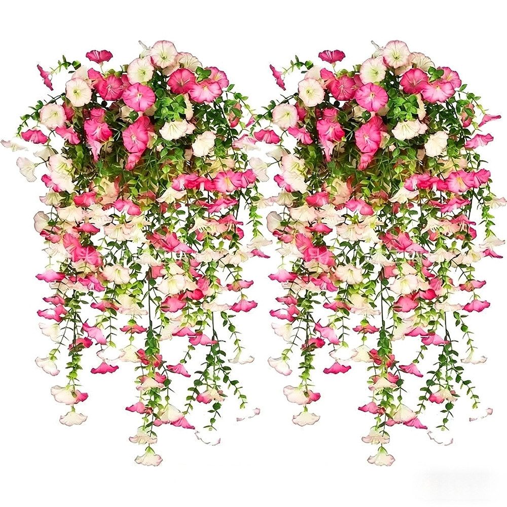 Kunstblumenstrauß Künstliche Prunkwinden-Ranken, 2 Stück Hängepflanzen, Seidengirlande, Agger, künstliche grüne Pflanzen, für Haus, Garten, Wand, Zaun