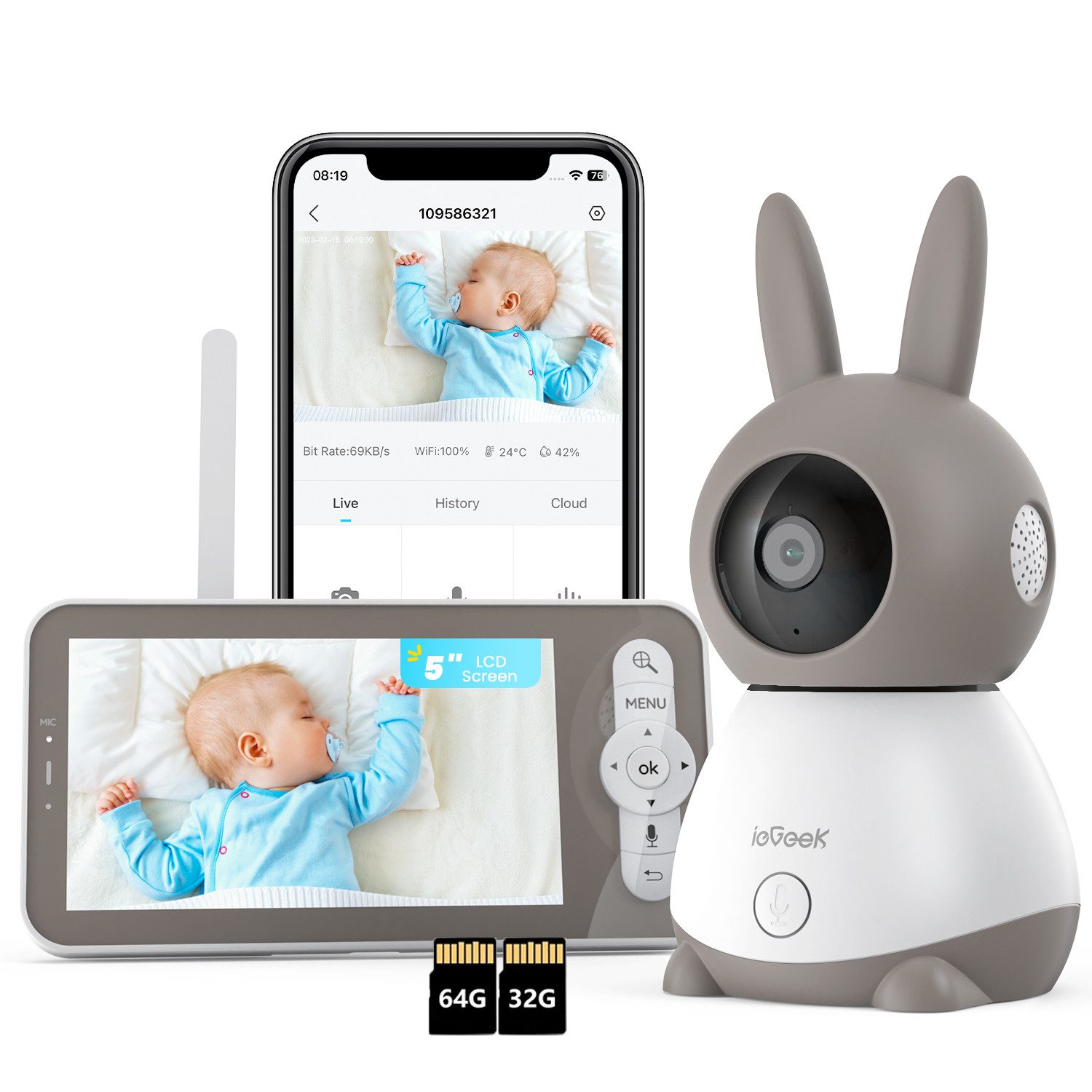 Video-Babyphone 5 Zoll Babyphone mit Kamera 2K/3MP 360 Gard WLAN Video Babyfon mit App