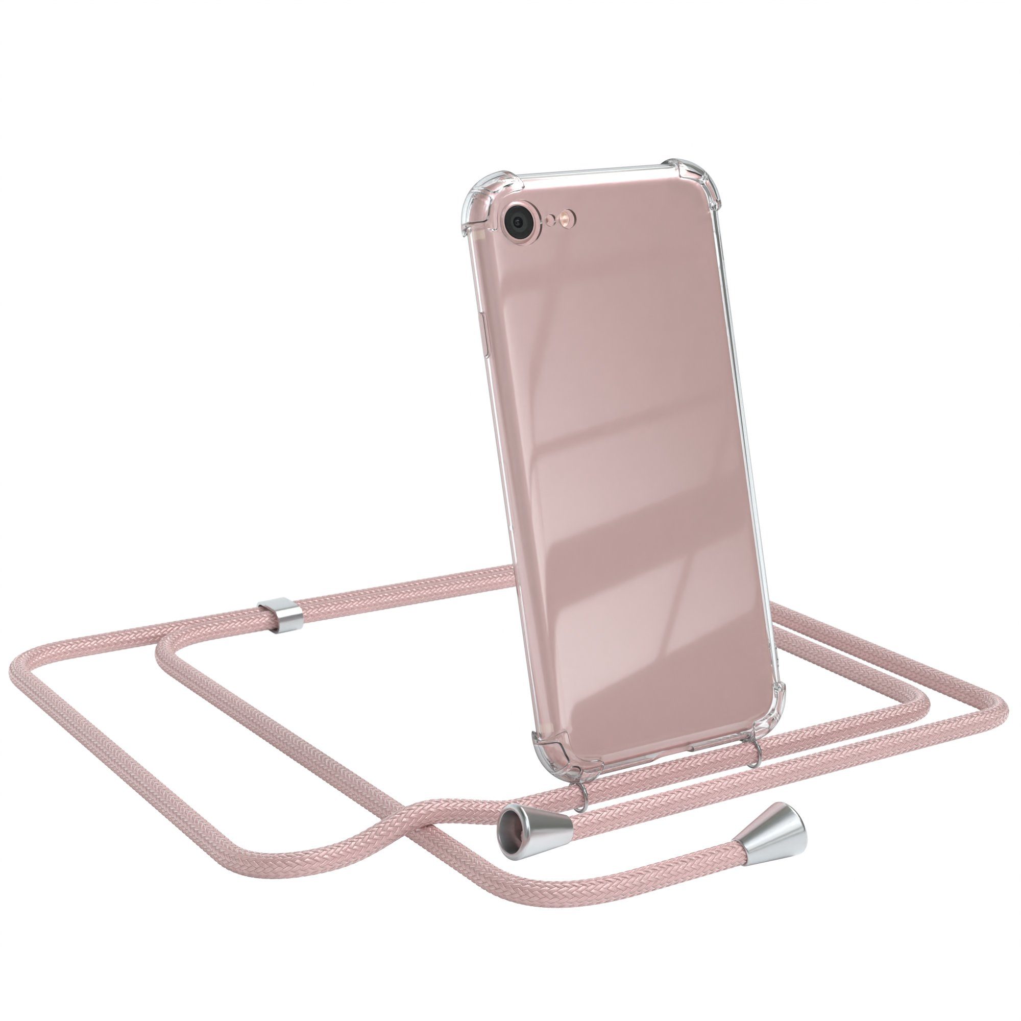 EAZY CASE Handykette Hülle mit Kette für iPhone SE 2022/2020 iPhone 8/7 4,7 Zoll, Slimcover Festival Hülle Band Handyketten Umhängehülle Altrosa Rosé