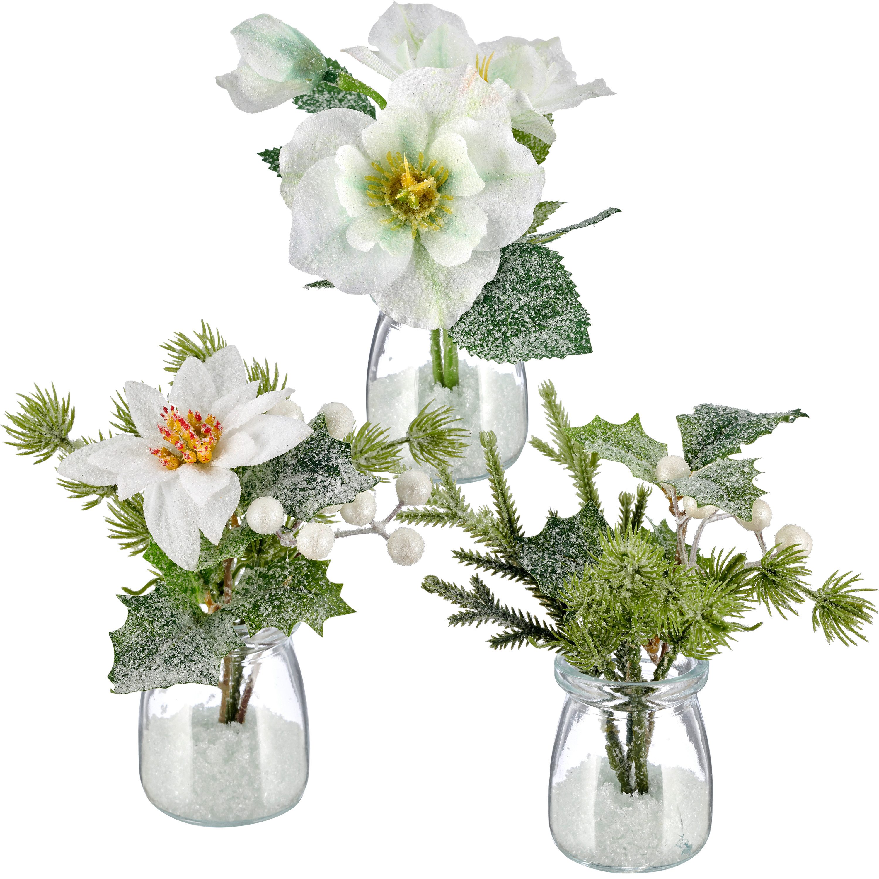 Winterliche Kunstpflanze 3er Set aus kleinen winterlichen Bouquets in Glasvasen, OTTO home, Höhe 16 cm, mit Frost-Finish, Höhe ca.16cm