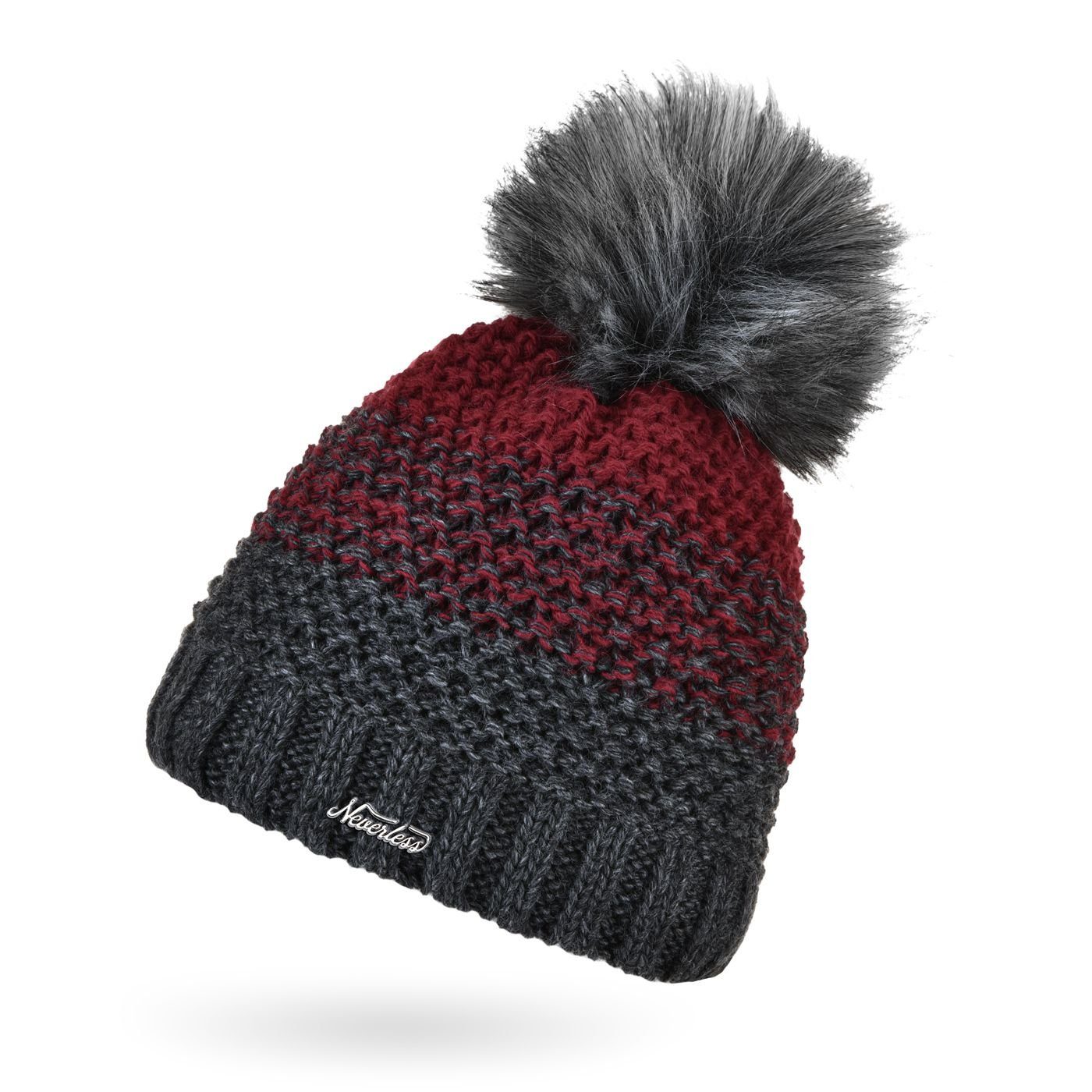 Neverless Bommelmütze Damen Strick-Mütze gefüttert Fleece Fell-Bommel Kunstfell