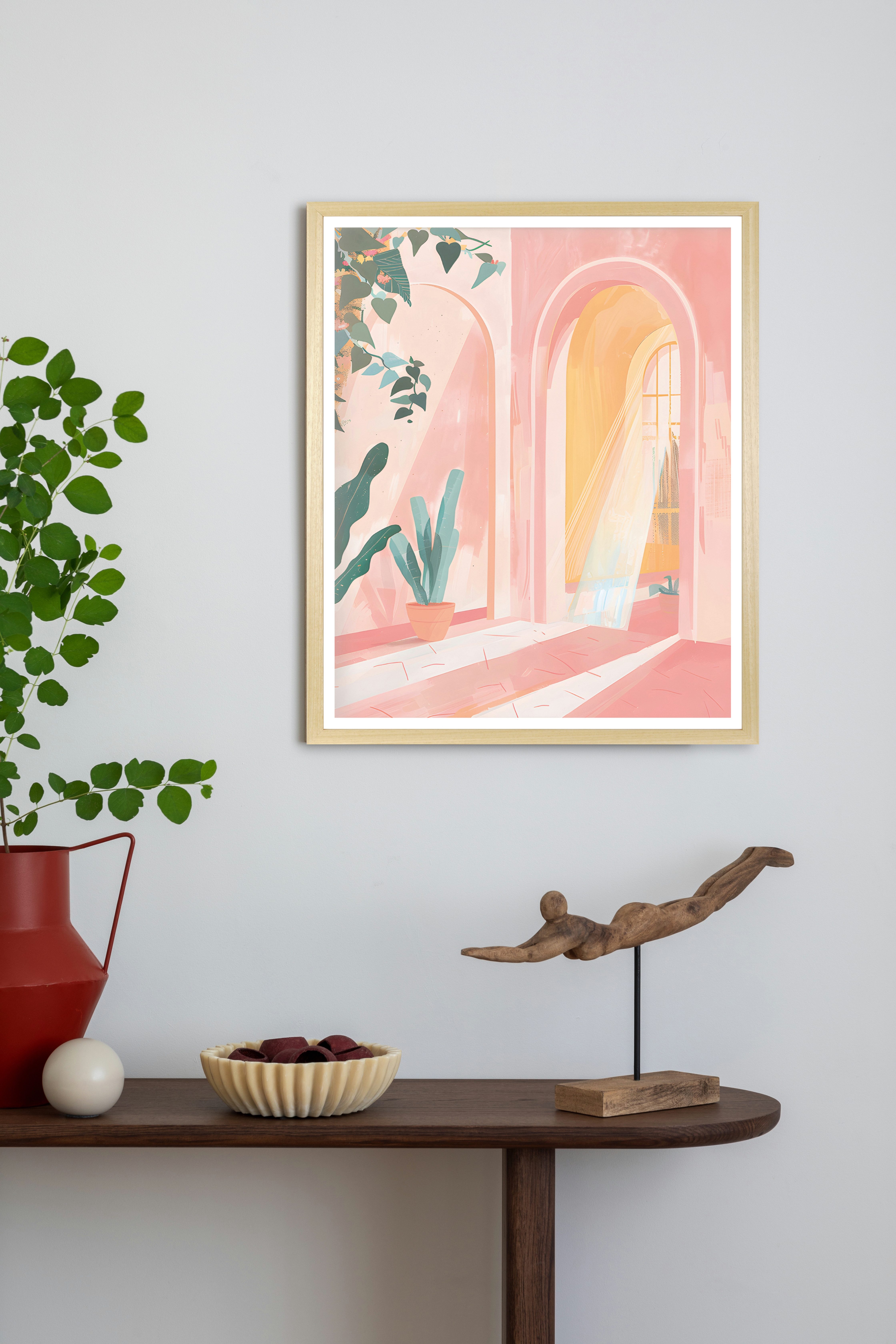 queence Bild mit Rahmen Warme Sonnenstrahlen, Blätter, Blätterbilder, Fenster & Türen, Gemälde, Kunst (1 St), Kunstdruck in Pastell mit einem Echtholzrahmen