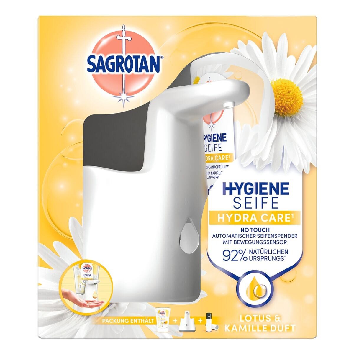 SAGROTAN Flüssigseife Lotus & Kamille, Seifenspender No-Touch + Nachfüllpack