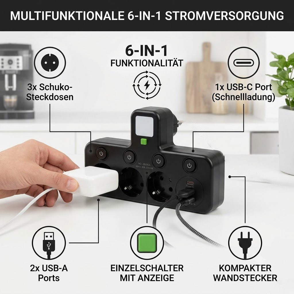 ibettertec Steckdosenleiste mit 3 Fach Steckdosen mit 2 USB & 1 USB-C Steckdosenleiste 3-fach (Wandmontage steckdosenverteiler mit Einzelschaltern, Kindersicherung, Überstrom-, Kurzschluss- und Überhitzungsschutz), Steckerleiste für Büro, Hause, Reisen, küche, Badezimmer