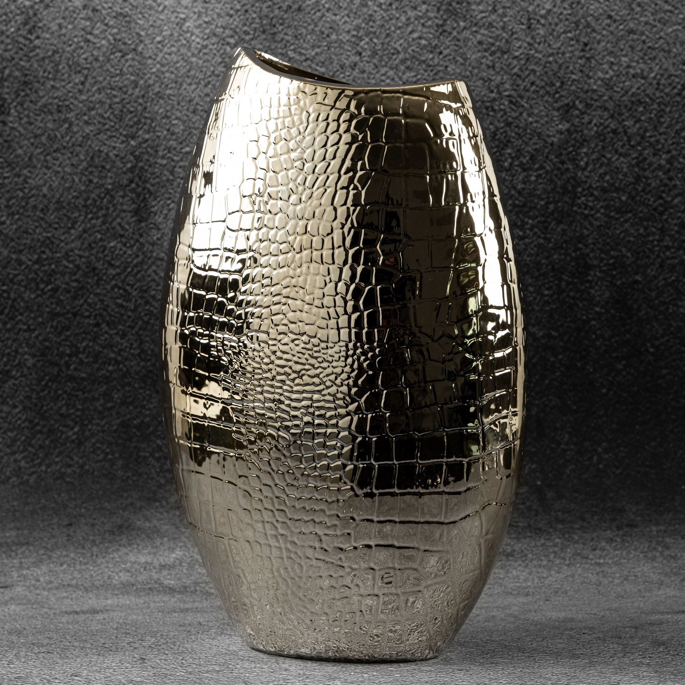 Eurofirany Dekovase ERNA Dekovase aus Golddolomit (1 Vase), Größe 22 x 13 x 36 cm, Krokodillenmuster, Farbe Gold, Dolomit