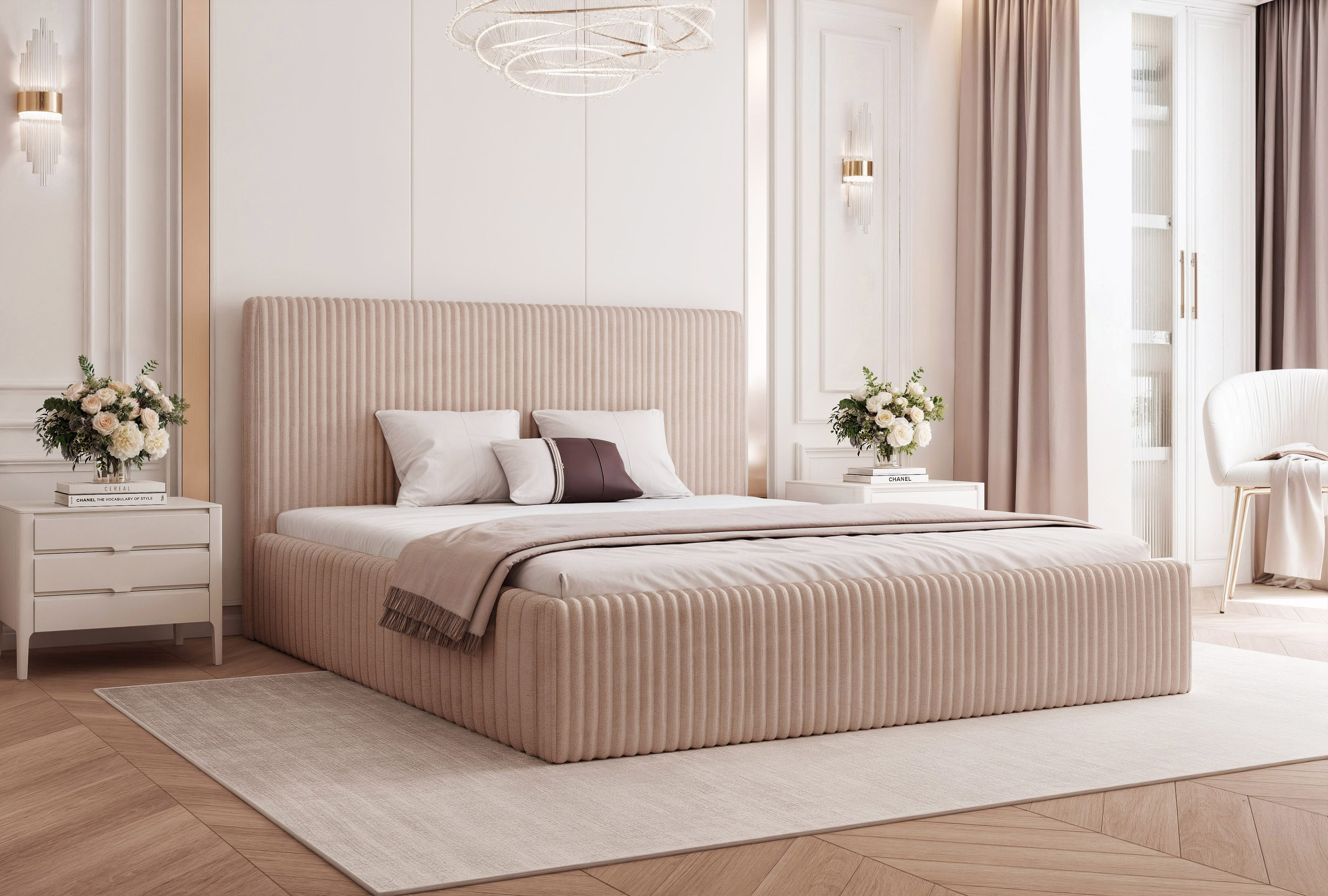 Goldstoff Polsterbett Modernes Bett "LUMINA" mit großem Stauraum und gepolstertem Rahmen (120–200x200 cm, Kopfteilhöhe 70/110 cm), Elegantes Stauraumbett mit gepolstertem Kopfteil und Holzrahmen