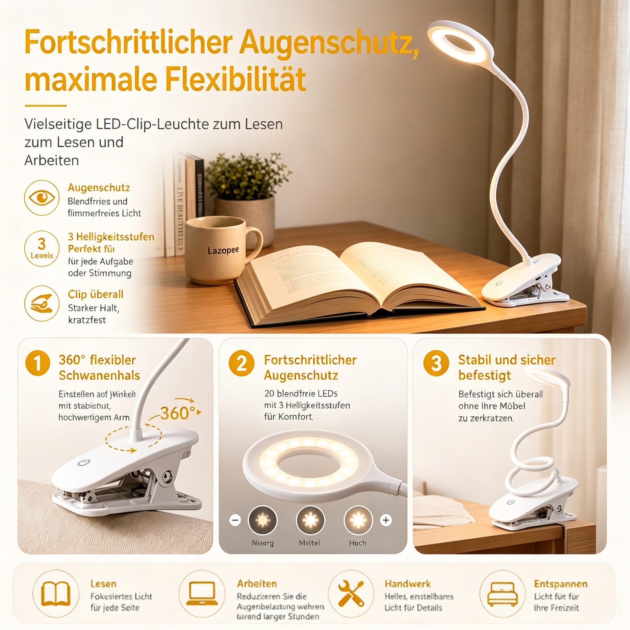 Toomoke LED Leselampe Ringlicht, Clip-On, 3 Farben, dimmbar, emmleuchten Leselampe Buch, LED fest integriert, Neutralweiß, Kaltweiß, Warmweiß