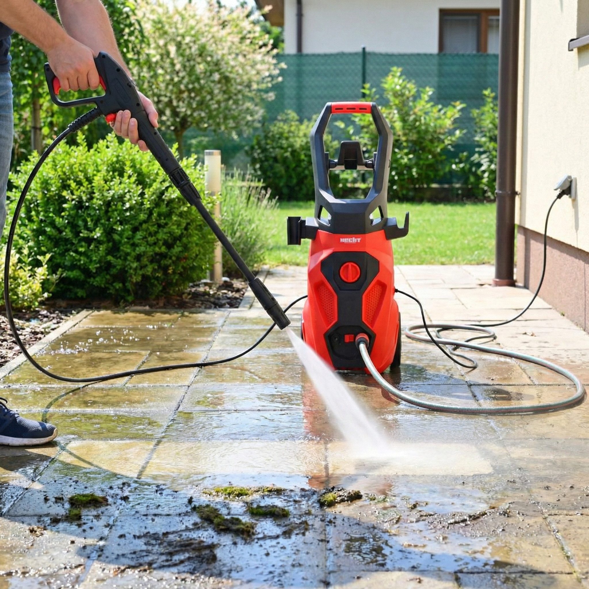 Hecht Hochdruckreiniger elektrisch mit Düsennadel & Wasserfilter, 5,7m Schlauch, 8,6 kg, Druck max: 160 bar, Fördermenge max: 450 l/h, 2000W, 7,5 l/min, bis 50 °C