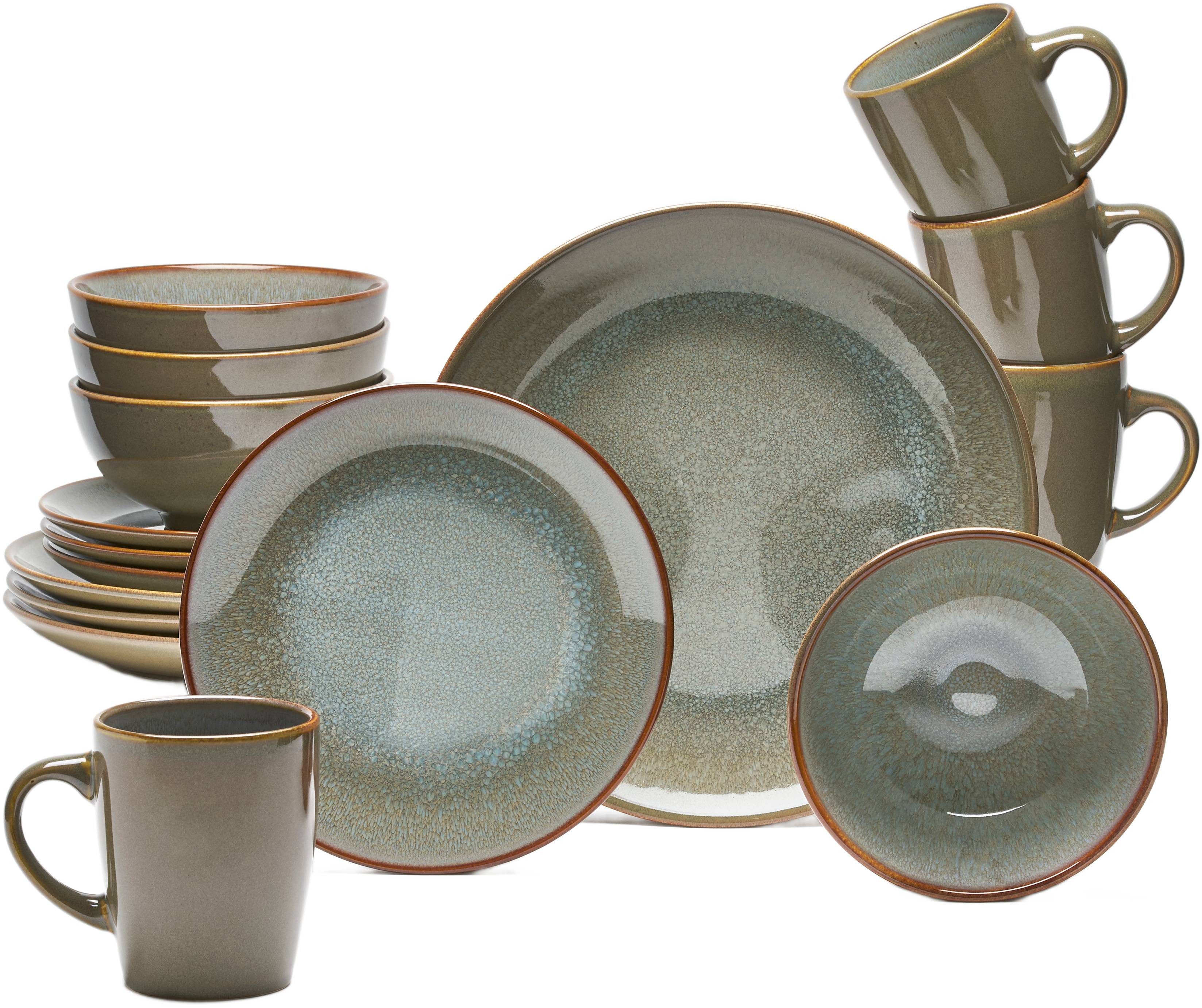 van Well Kombiservice Geschirr-Set Olbia Lago, 16-teilig (16-tlg), 4 Personen, Steinzeug, rund, braun / reaktiv, spülmaschinen- und mikrowellengeeignet