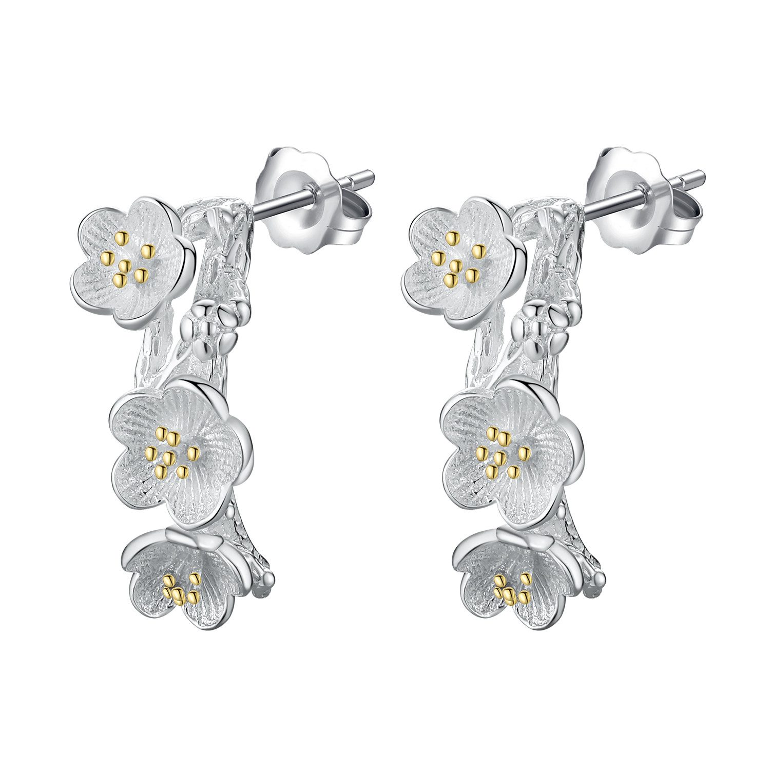 Runde Perlé Paar Ohrstecker Frühlingblumen Halbcreolen, handgefertigte Ohrringe, 925er Silber, 18K Gold