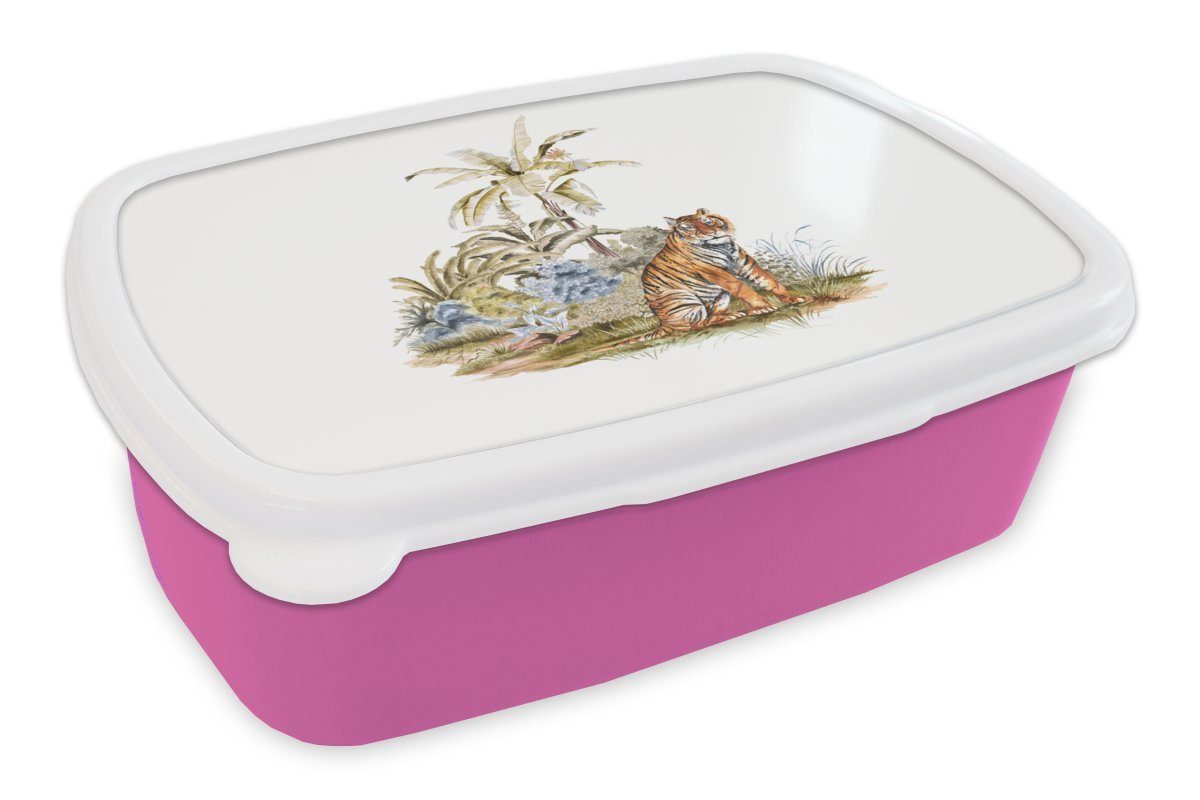 MuchoWow Lunchbox Tiger - Wald - Gemälde, Kunststoff, (2-tlg), Brotbox für Erwachsene, Brotdose Kinder, Snackbox, Mädchen, Kunststoff rosa