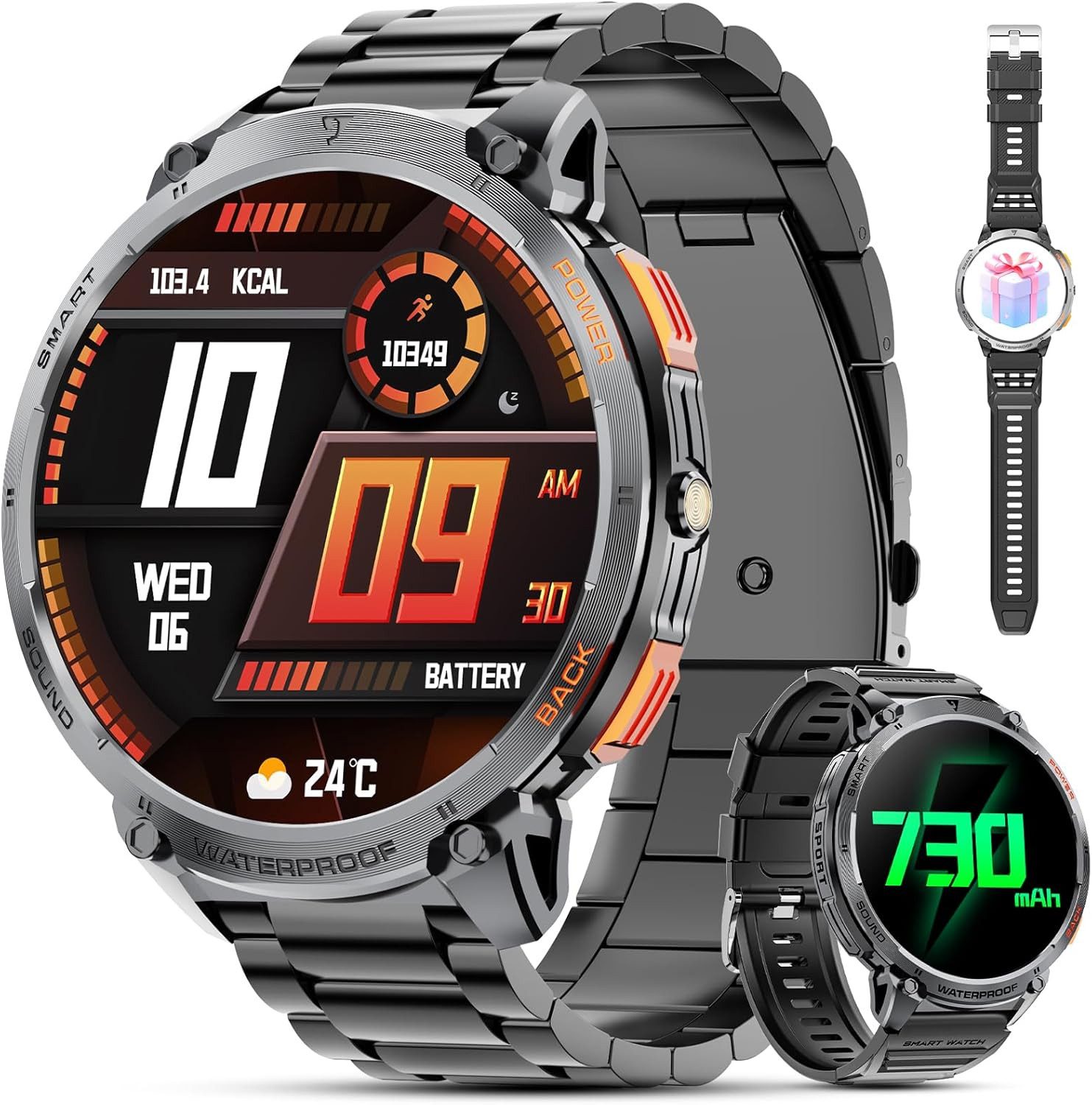 Haulvean Smartwatch (4,7 cm, android ios), Herren-Smartwatch mit 1,85 Zoll Display, 730 mAh Akku und LED-Beacon