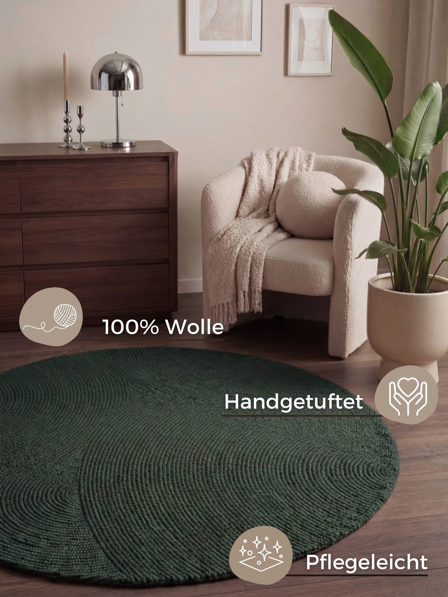 HANSE Home Wollteppich Calmio, auch als Läufer und in rund, rund, Höhe: 18 mm, Handgetuftet, Wolle, Natur, Wohnzimmer, Schlafzimmer, Skandi, Hygge