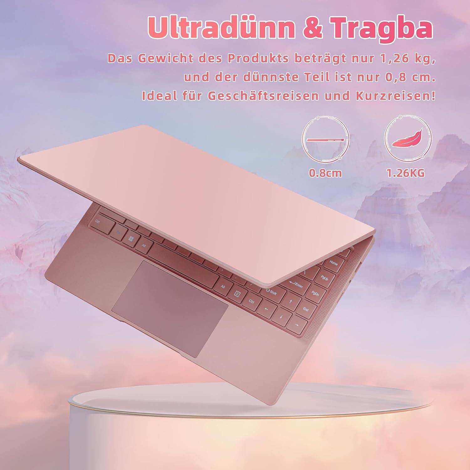 Rumtuk 14 Zoll Roségold Laptop, ultraleichtes und tragbares Notebook (35,56 cm/14 Zoll, Intel Celeron J4105, Intel Iris Xe, 8 GB, 128 GB SSD, FHD Display, 180° Scharnier, Webcam, TF-Kartensteckplatz)