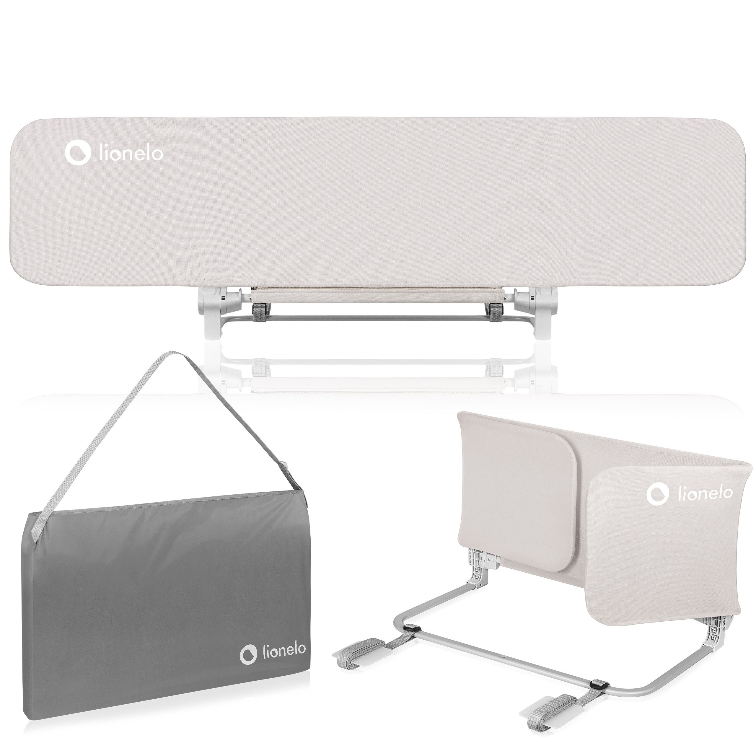 lionelo Bettschutzgitter LORA XL (Set, XL-Schutzgitter mit 2 Sicherheitsgurten und Transporttasche), StandSafe/2 SecureBelts/180° absenkbar/Werkzeuglose Montage