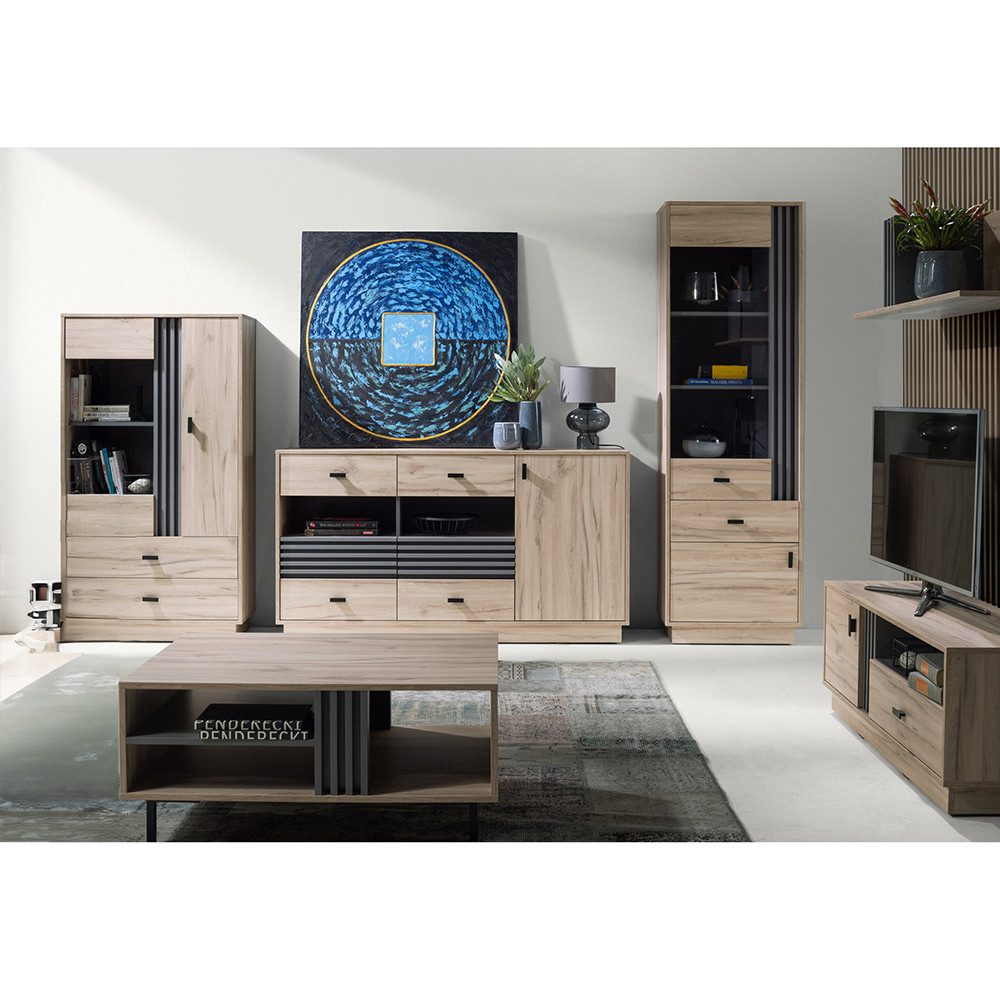Lomadox Wohnzimmer-Set ANTIGUA-133, (Mega-Spar-Set, 6-St., Vitrine Vitrinenschrank Sideboard Lowboard Wandregal Couchtisch), in Eiche mit anthrazitfarbenen Details, viel Stauraum