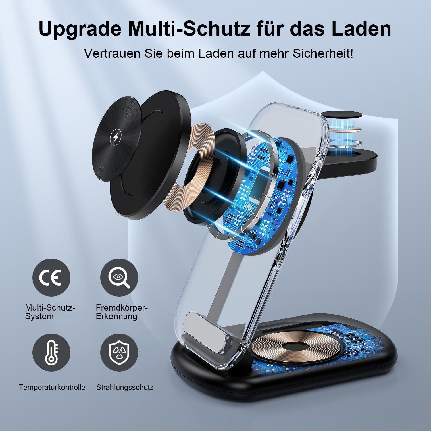 Futicare 3 in 1 Induktive Ladegerät, Wireless Charger Ladestation Wireless Charger (Induktions-Ladegerät, Magnetisches faltbares kabelloses Ladegerät mit Nachtlicht, für iPhone 12 bis 17, Apple Watch & AirPods)