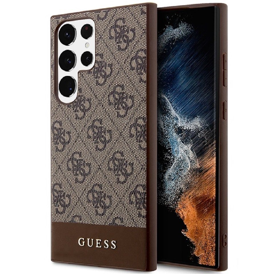 Guess Handyhülle Case Galaxy S24 Ultra Muster braun Logo goldfarben 6,8 Zoll, Kantenschutz