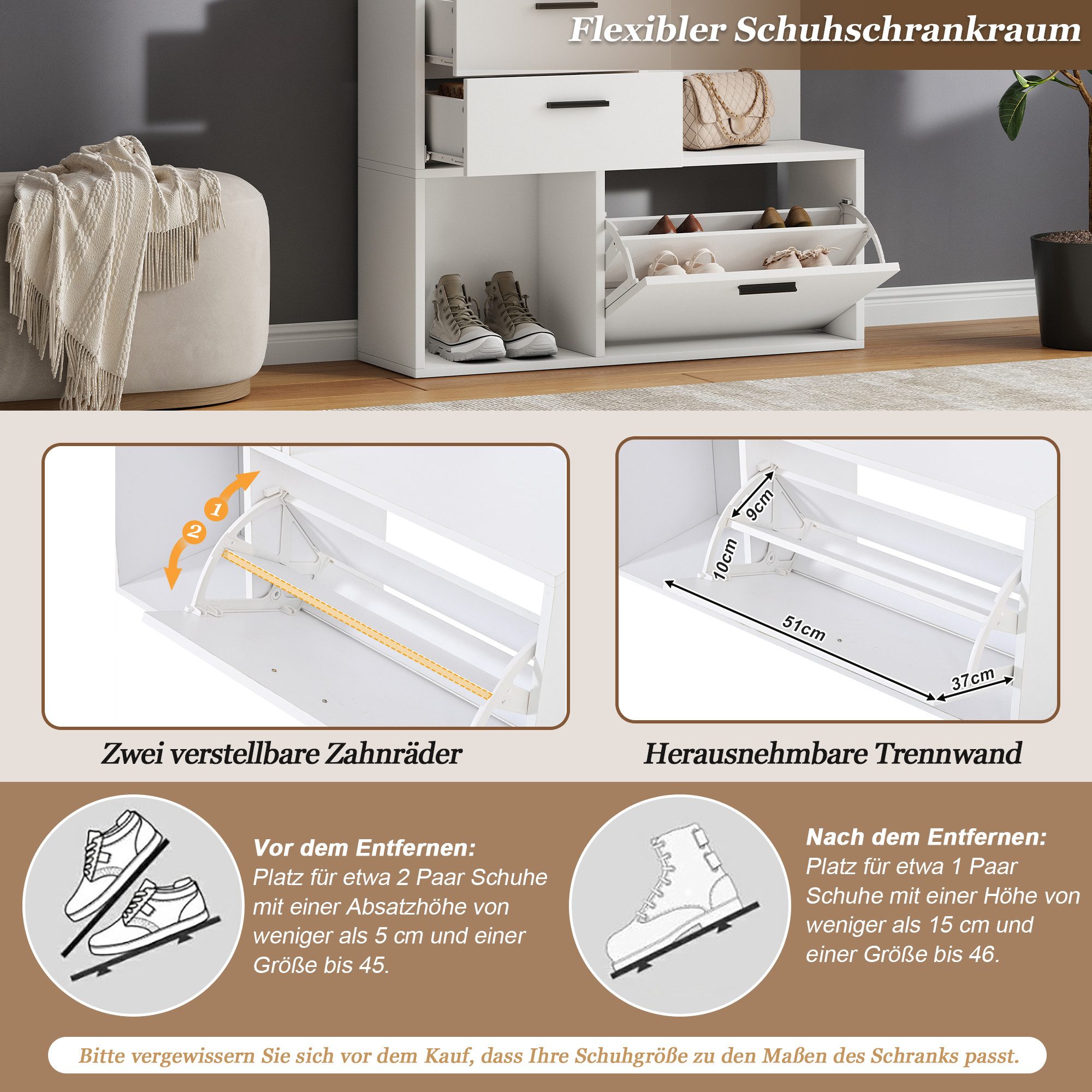 Merax Garderobenständer Flurgarderobe mit Spiegel und Klapptür, 90x30x180 cm, (1 St), Garderobenschrank mit 2 Schubladen, 3 Haken und Schuhschrank – Bild 4 von 5